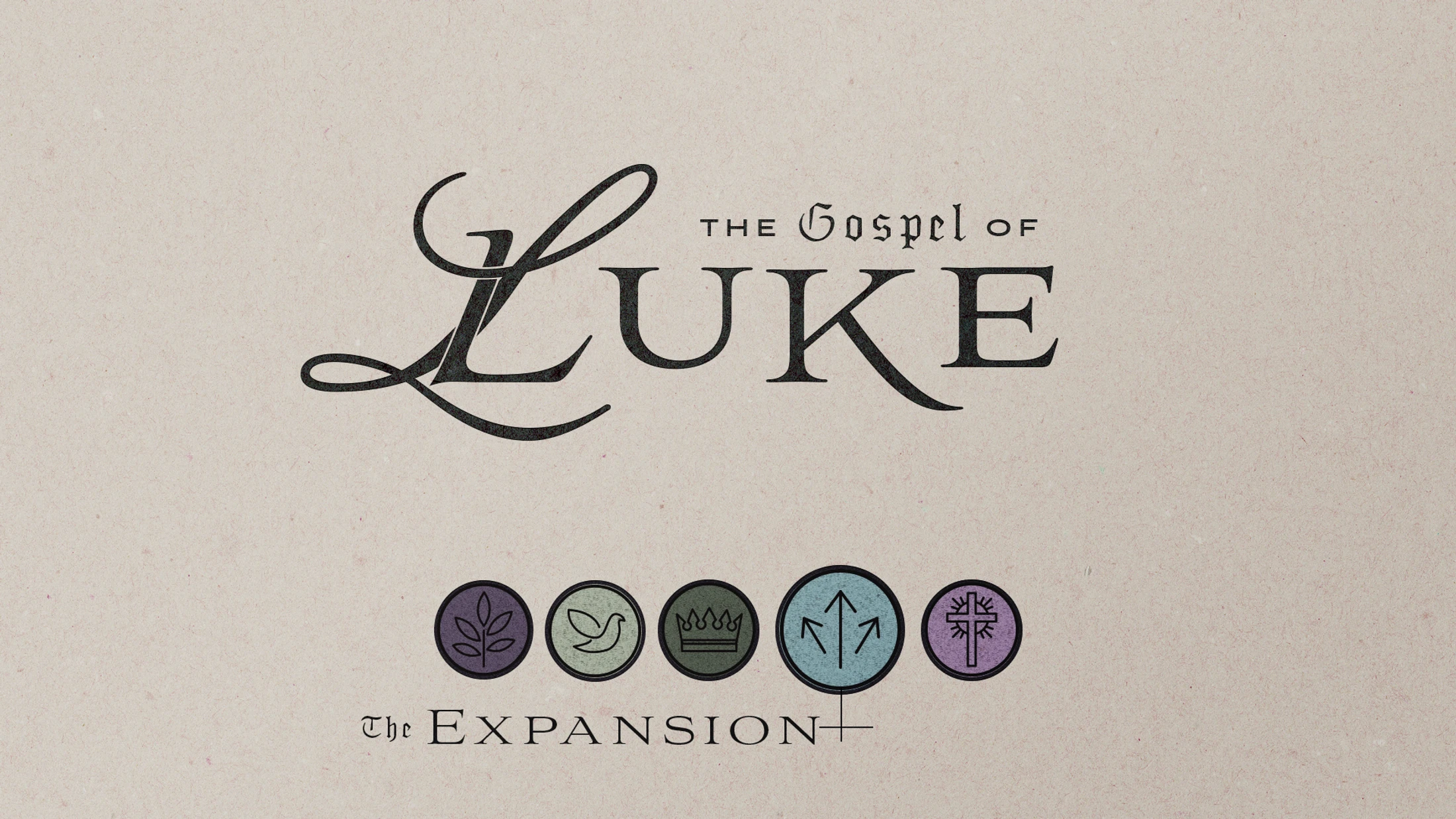 A title graphic for "The Gospel of Luke" and "The Expansion" on a paper texture background, with a row of five Christian symbols in circles.
