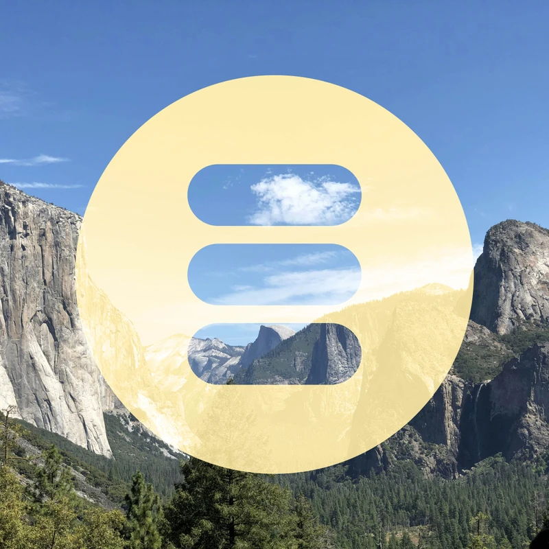 A scenic view of Yosemite Valley, with granite cliffs and forests, is overlaid with a large, pale yellow circular logo with three horizontal cutouts.