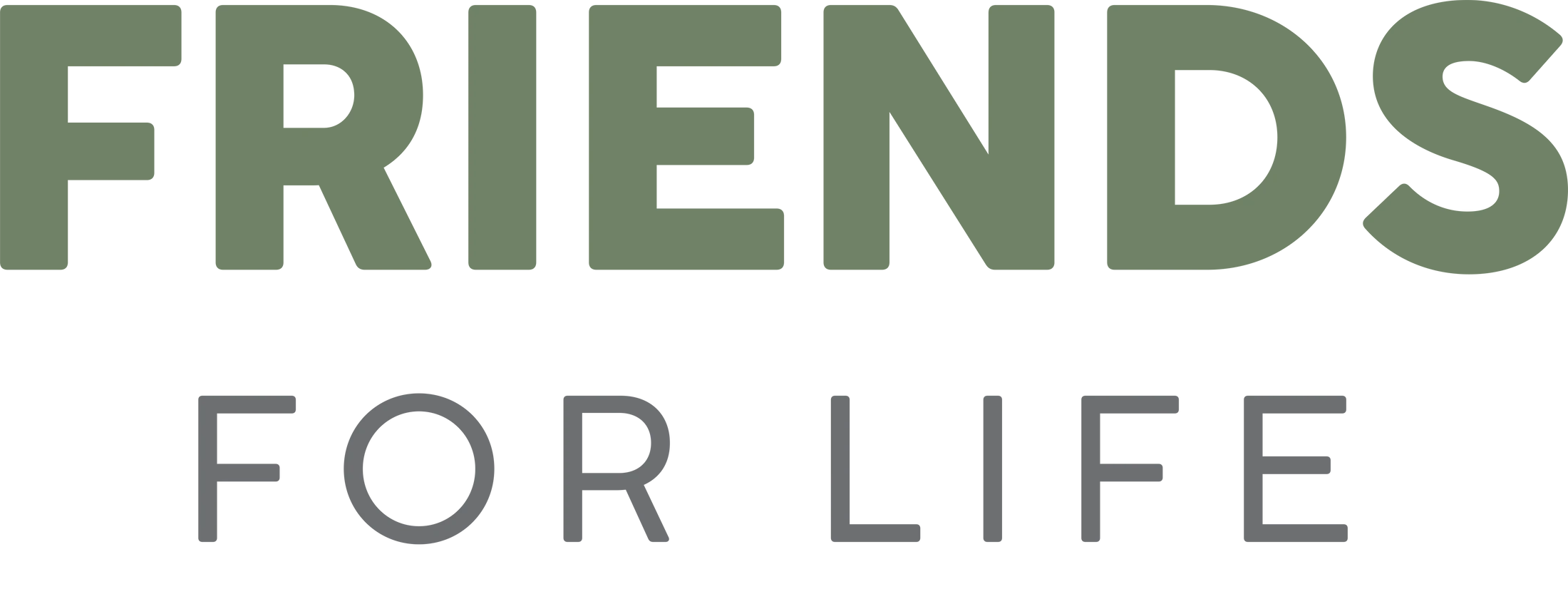 The text 'Friends For Life' on a white background. 'Friends' is in large, bold, sage green letters, with 'For Life' in smaller, grey letters below.