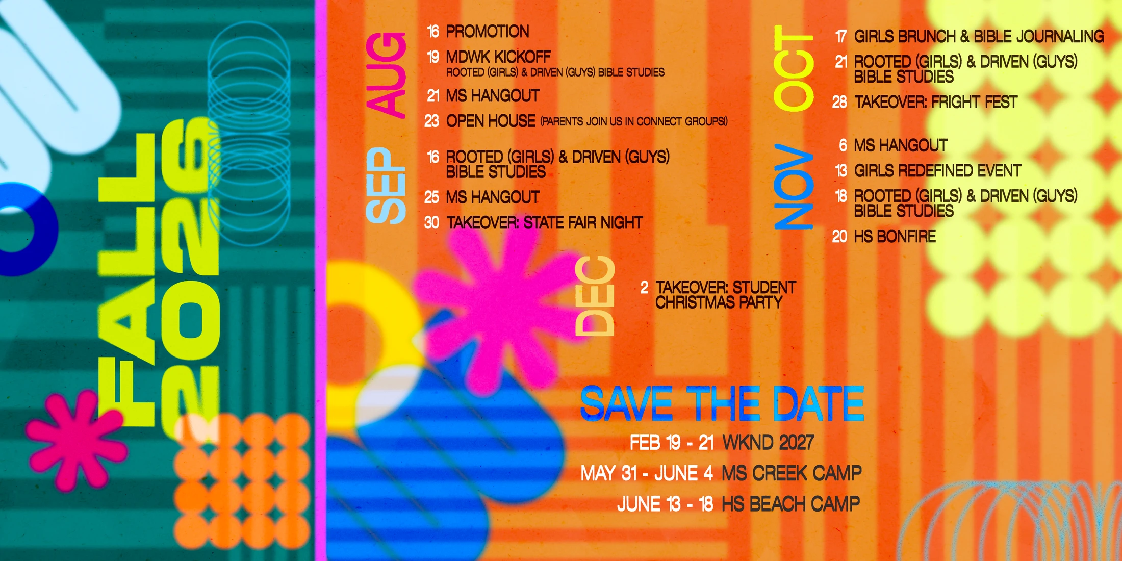 A vibrant, colorful graphic for a Fall 2026 youth events calendar. It lists activities from August to December with bold typography and retro-style shapes.