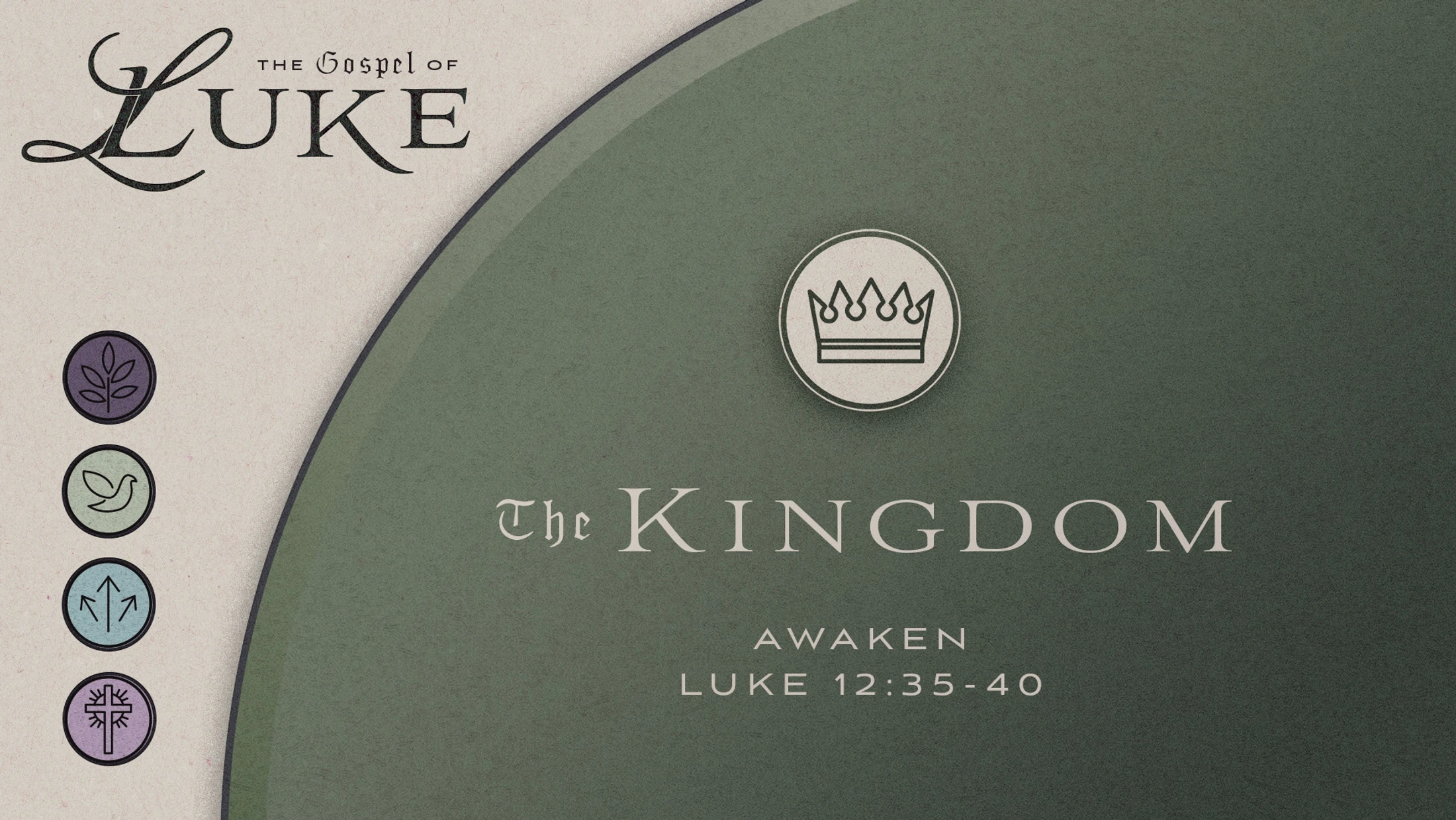 A graphic for a sermon series titled 'The Gospel of Luke.' The main text says 'The Kingdom, Awaken, Luke 12:35-40' with various Christian icons.