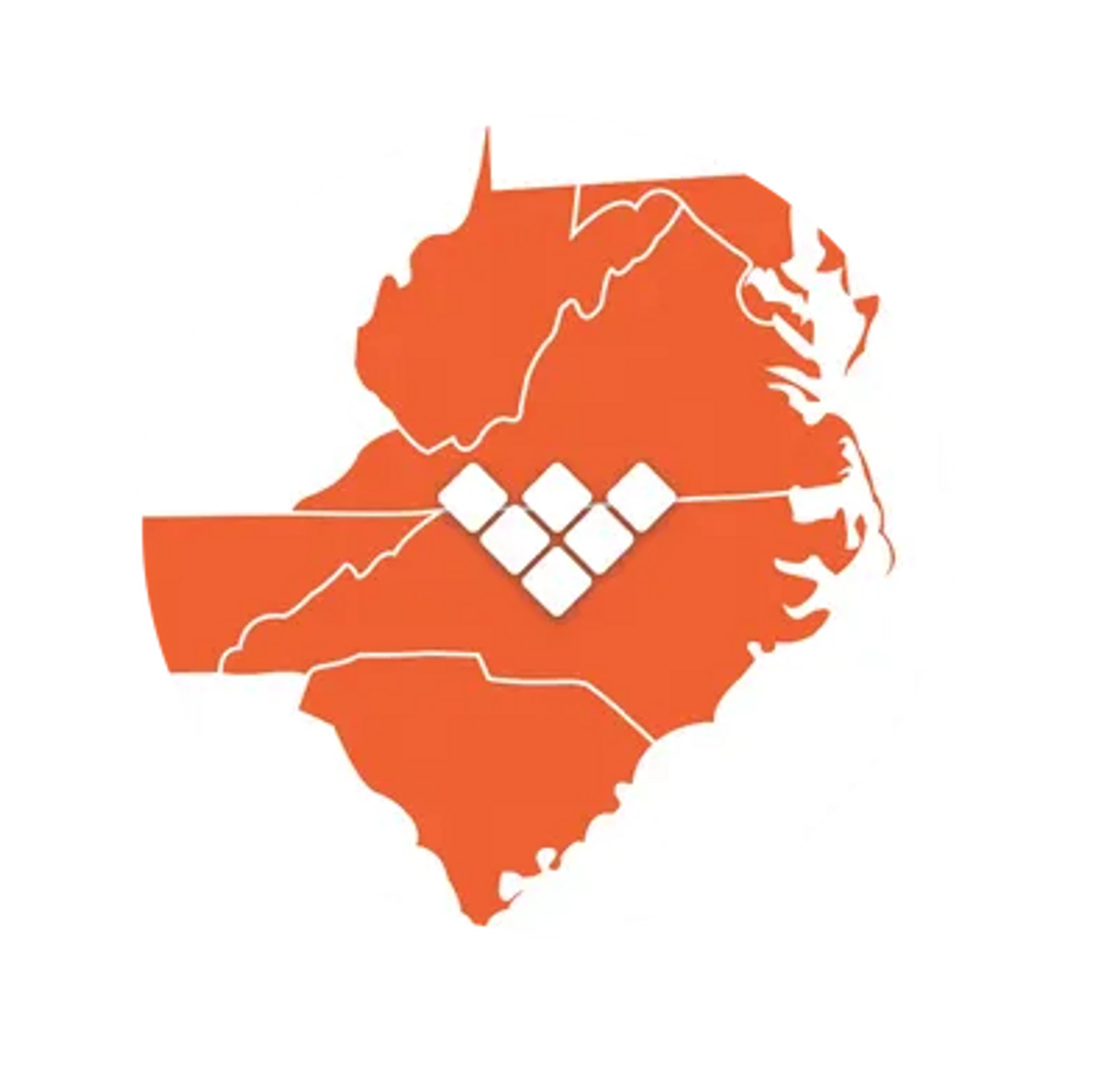 A circular logo with an orange map of Virginia, West Virginia, North and South Carolina, and a white diamond emblem in the center.