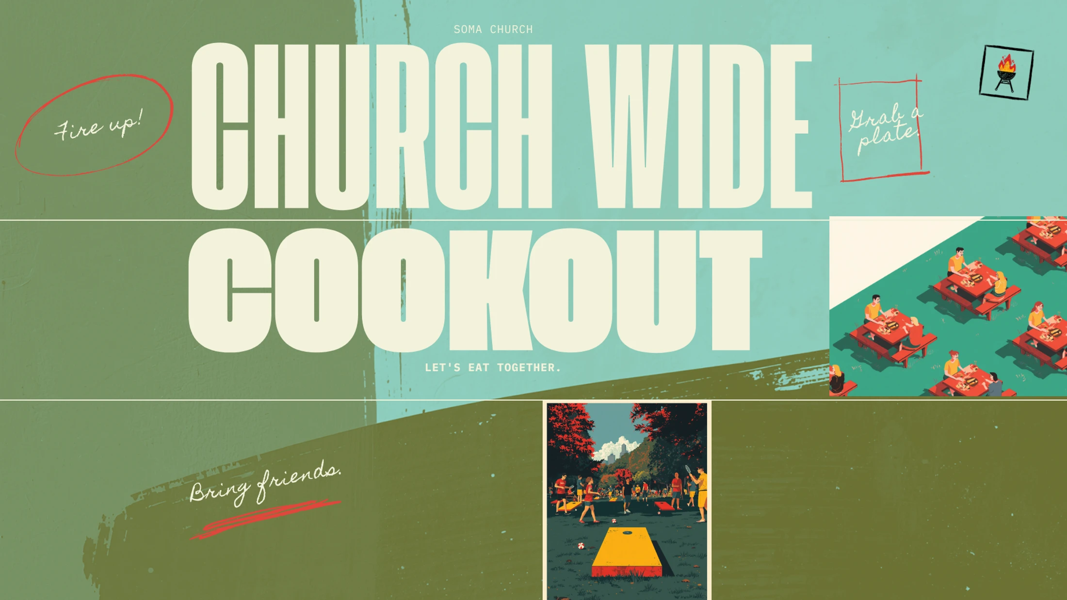 A graphic announcement for a Soma Church Wide Cookout. It features retro-style illustrations of people at picnic tables and playing games like cornhole.
