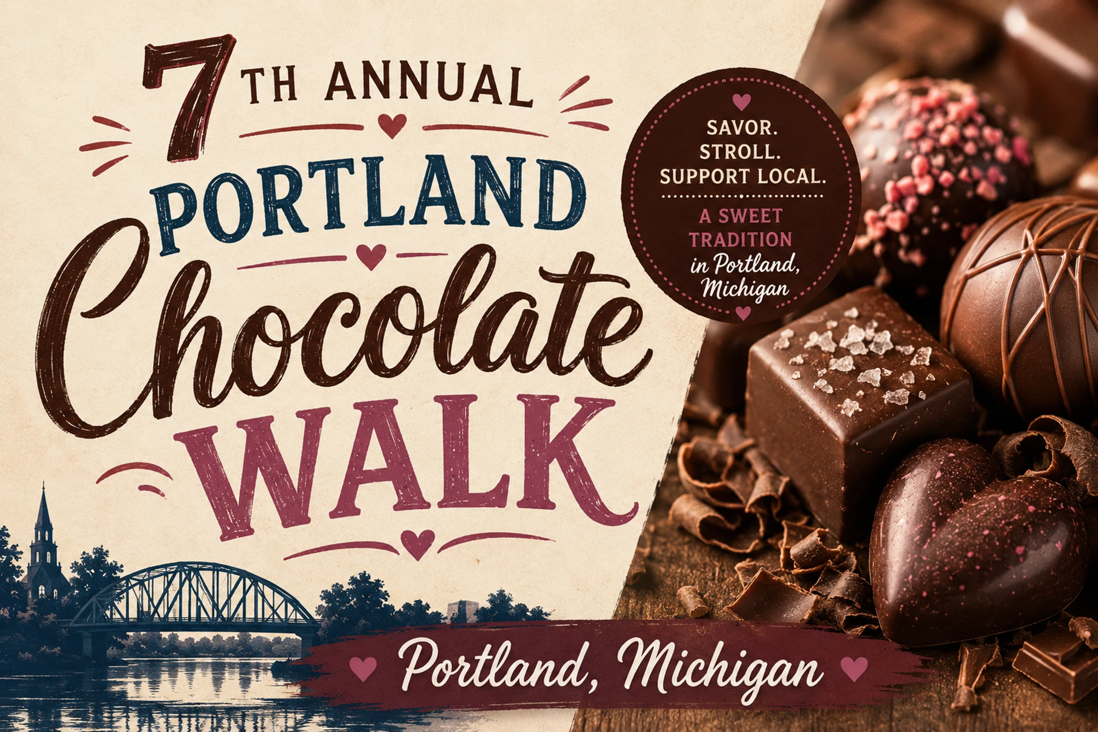 Promotional poster for the 7th Annual Portland Chocolate Walk in Michigan, featuring event details, an illustration of the town, and a close-up of chocolates.