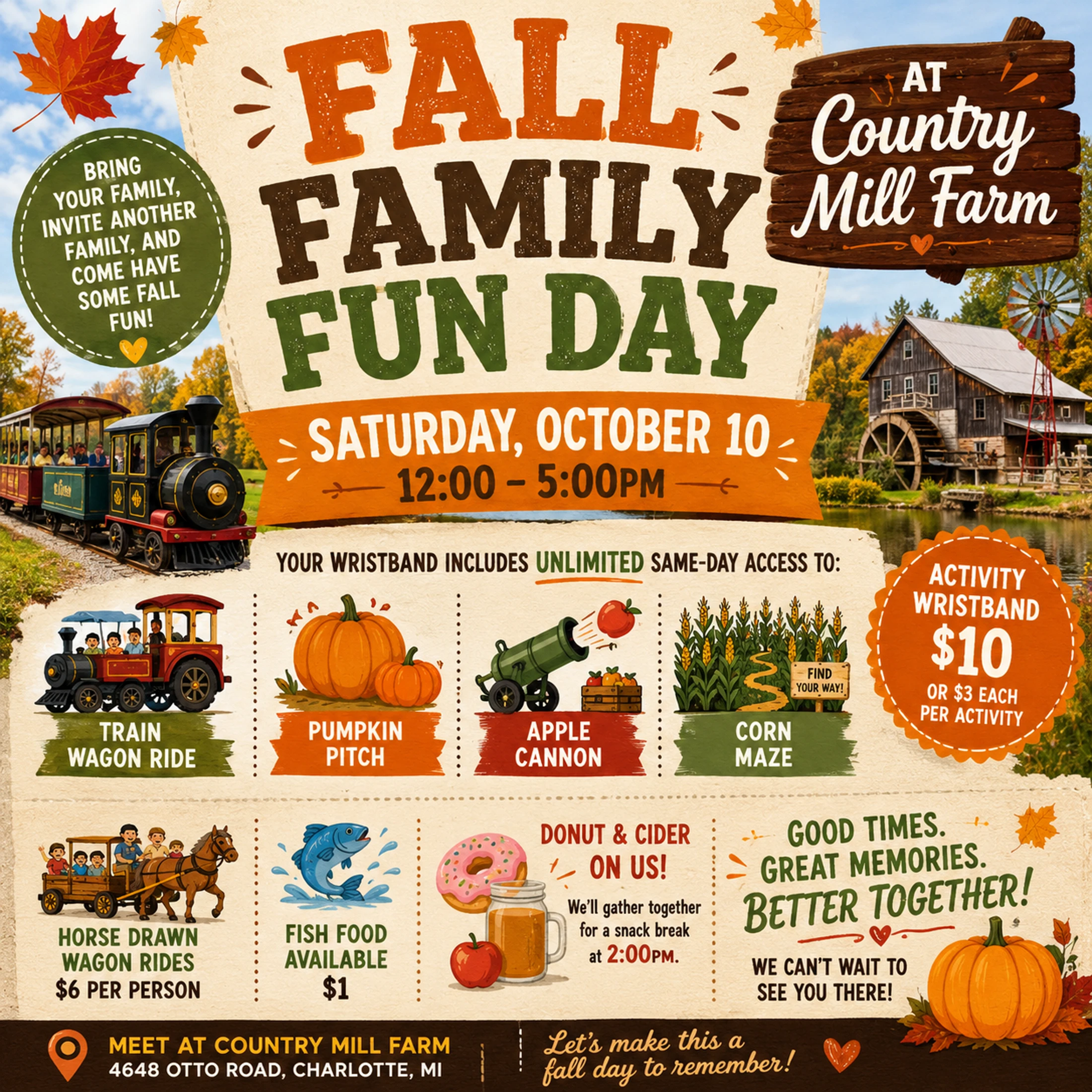 A promotional flyer for a Fall Family Fun Day at Country Mill Farm, detailing activities like train rides, a corn maze, pumpkin pitch, and apple cannon.