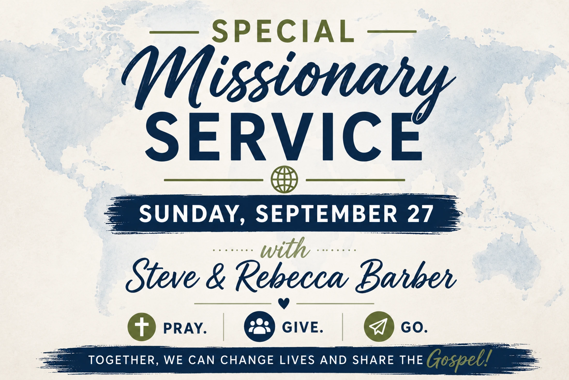 An announcement for a special missionary service on Sunday, September 27th with Steve & Rebecca Barber, set against a light blue world map background.