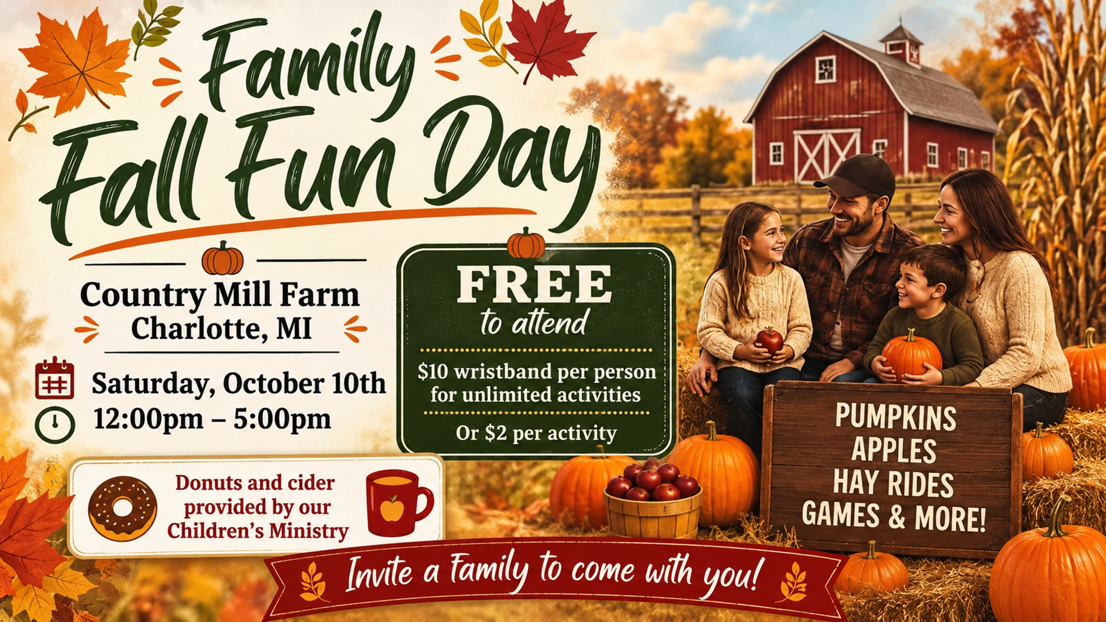 An event flyer for a Family Fall Fun Day featuring a smiling family with pumpkins at a farm. Event details, date, and time are listed.