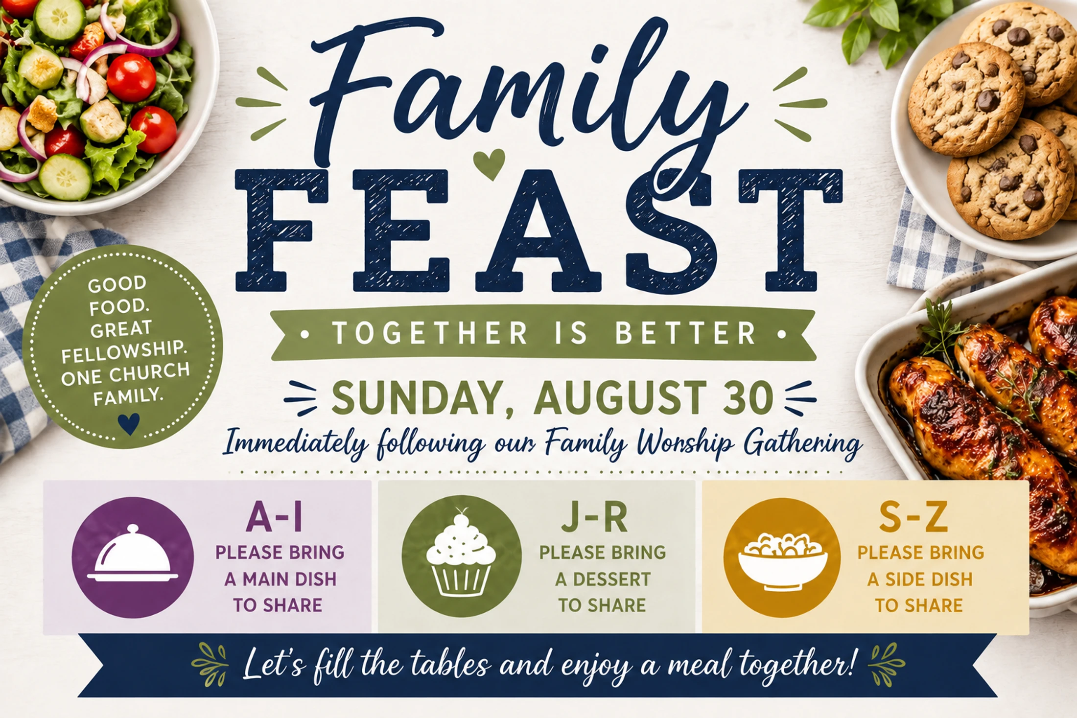 An announcement for a church 'Family Feast' potluck on Sunday, August 30, surrounded by images of salad, roasted chicken, and chocolate chip cookies.