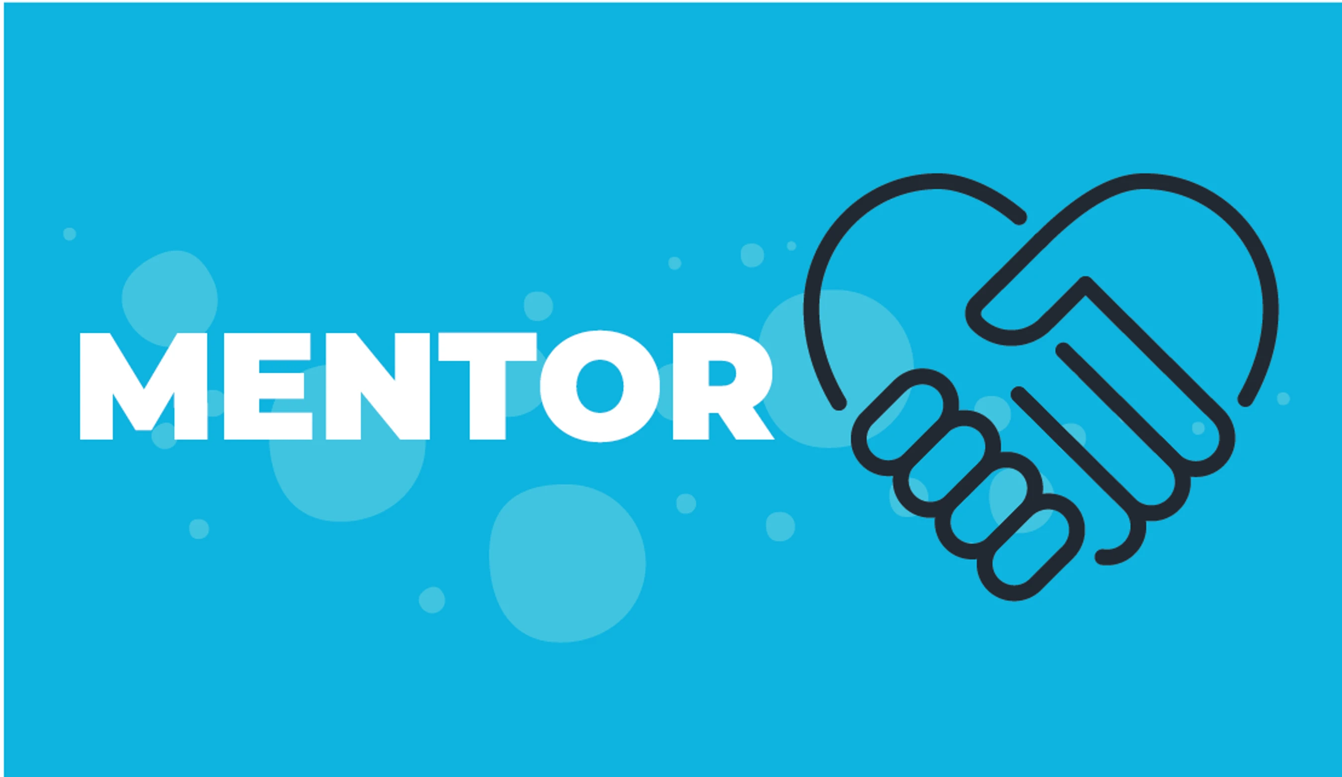 A graphic with the word MENTOR in white text on a blue background, next to a black line icon of a handshake that forms a heart shape.