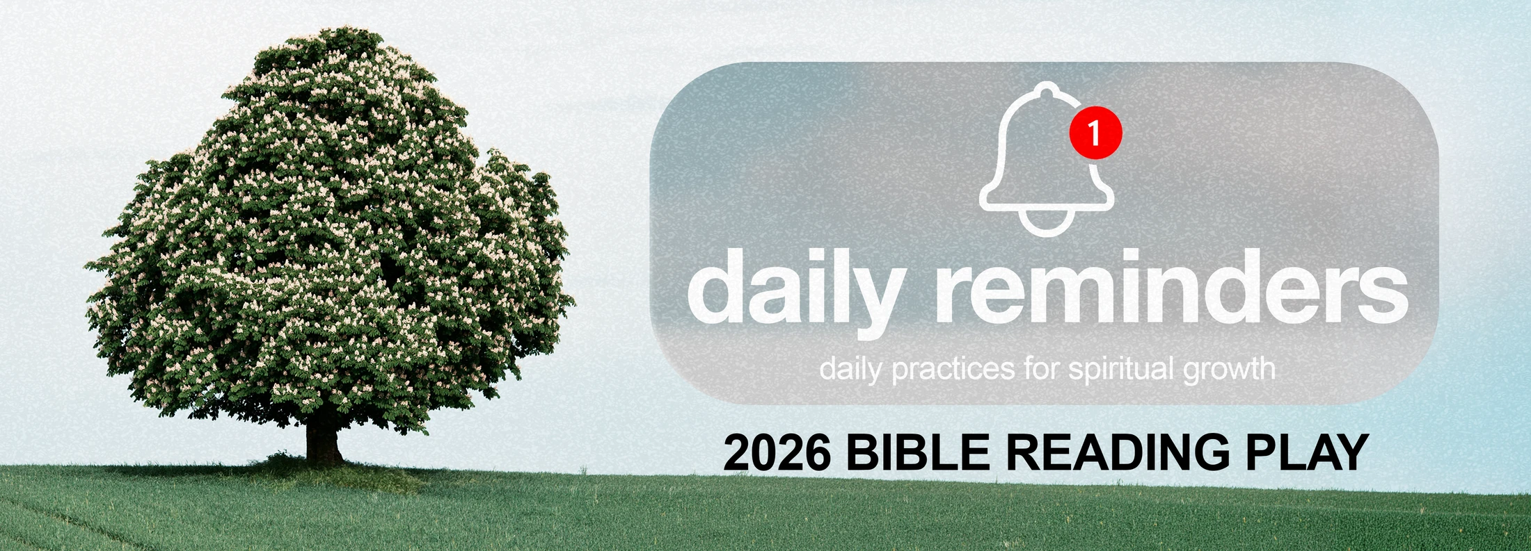 A large, flowering tree stands in a green field. A graphic overlay reads 'daily reminders' and '2026 Bible Reading Play' with a notification bell icon.