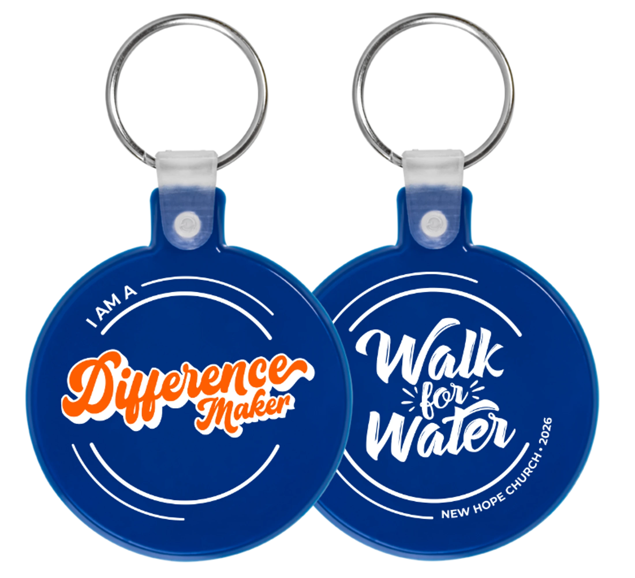 Front and back of a round blue keychain. One side says 'I am a Difference Maker,' the other says 'Walk for Water' for New Hope Church 2026.