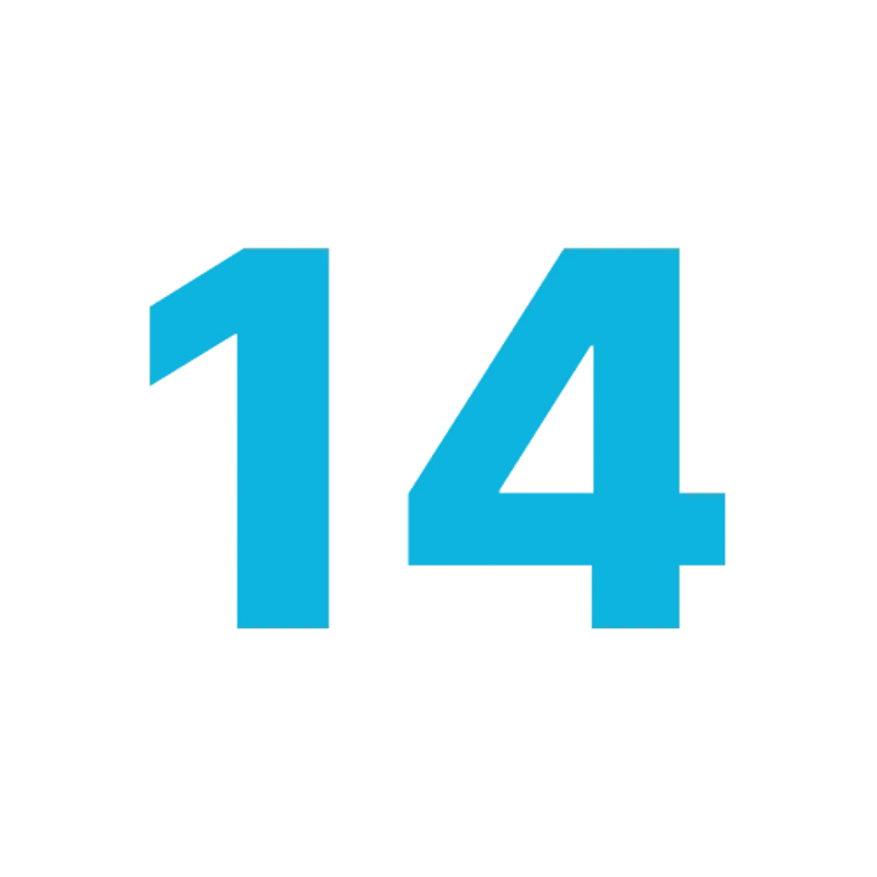 The number 14 shown in a bold, cyan-colored, sans-serif font against a plain white background.