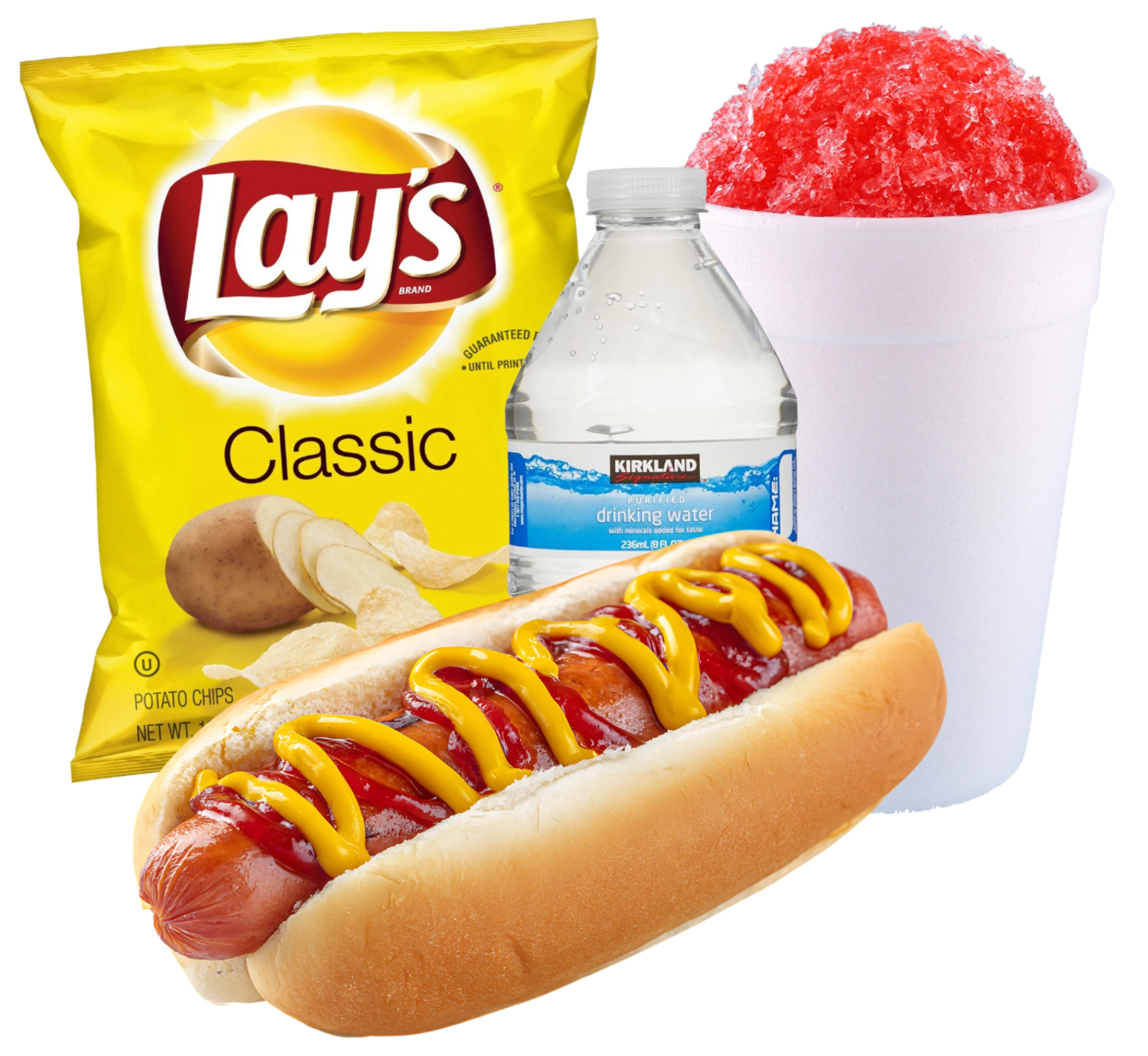 A hot dog with ketchup and mustard, a bag of Lay's chips, a bottle of Kirkland water, and a red snow cone, isolated on a transparent background.