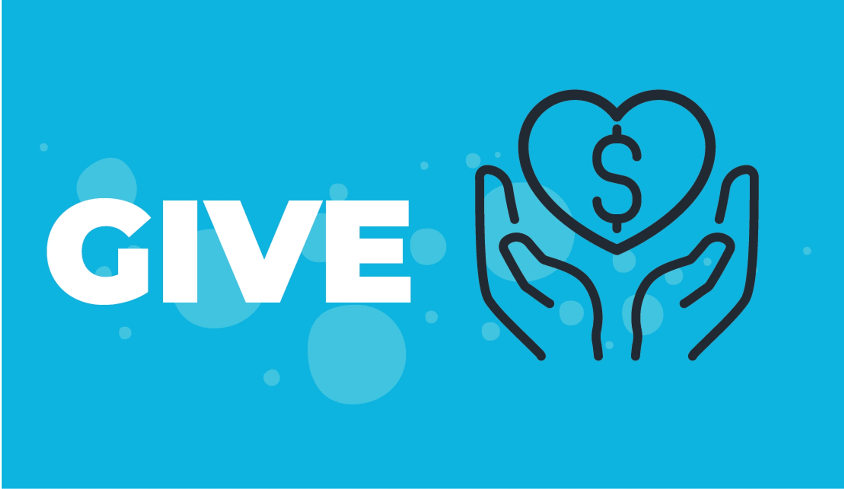 The word GIVE in white text next to a line art icon of hands holding a heart with a dollar sign inside, on a bright blue background.