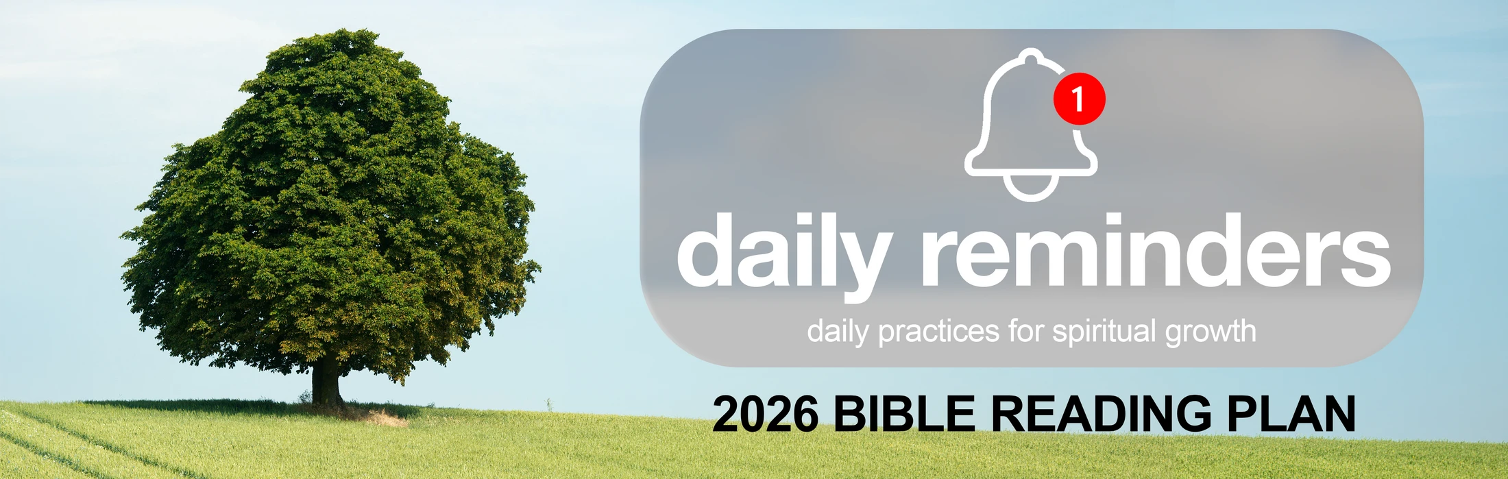 A large green tree in a field next to a graphic that reads 'daily reminders, 2026 Bible Reading Plan' with a notification bell icon.