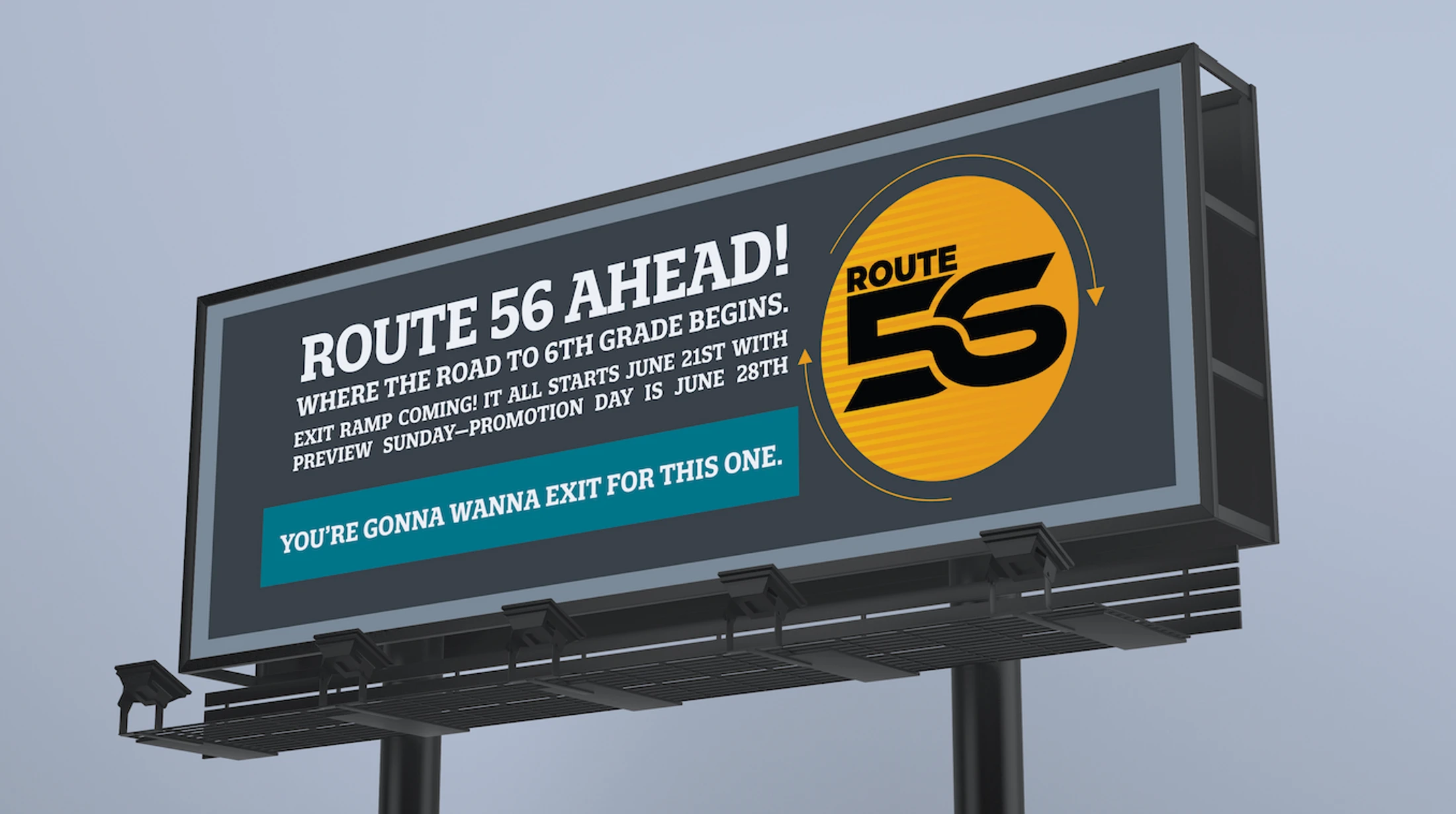 A roadside billboard advertises 'Route 56 Ahead!', a promotion event for students entering 6th grade, with event dates and a stylized Route 56 logo.