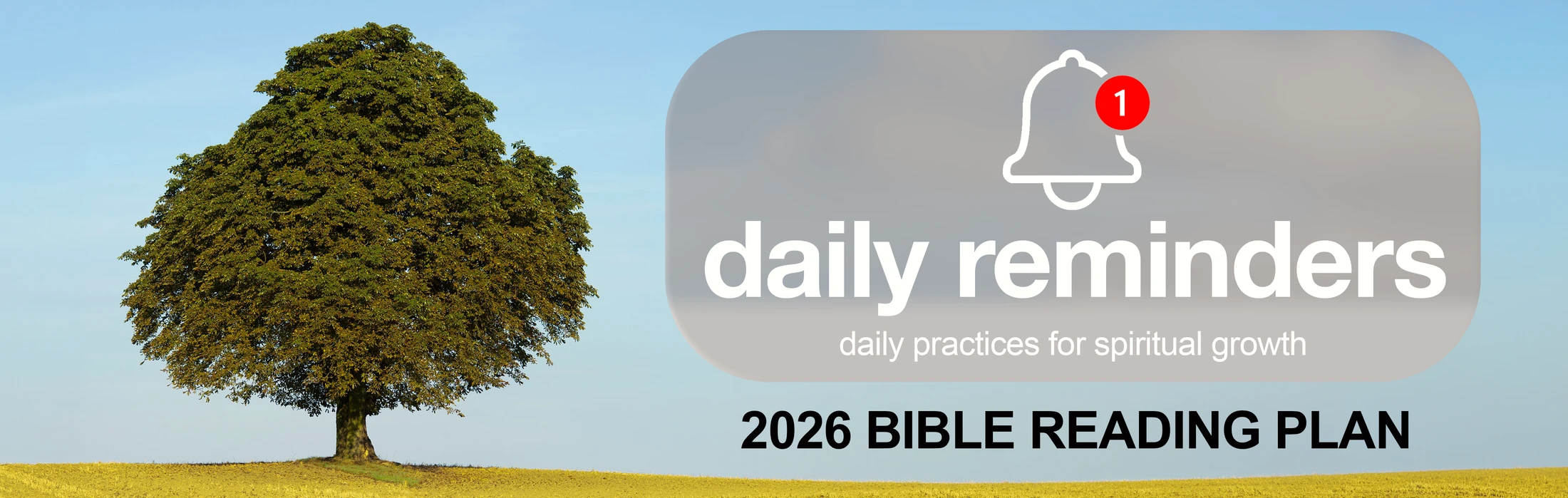 A large green tree in a yellow field with a graphic overlay that reads 'Daily Reminders: Daily practices for spiritual growth. 2026 Bible Reading Plan.'