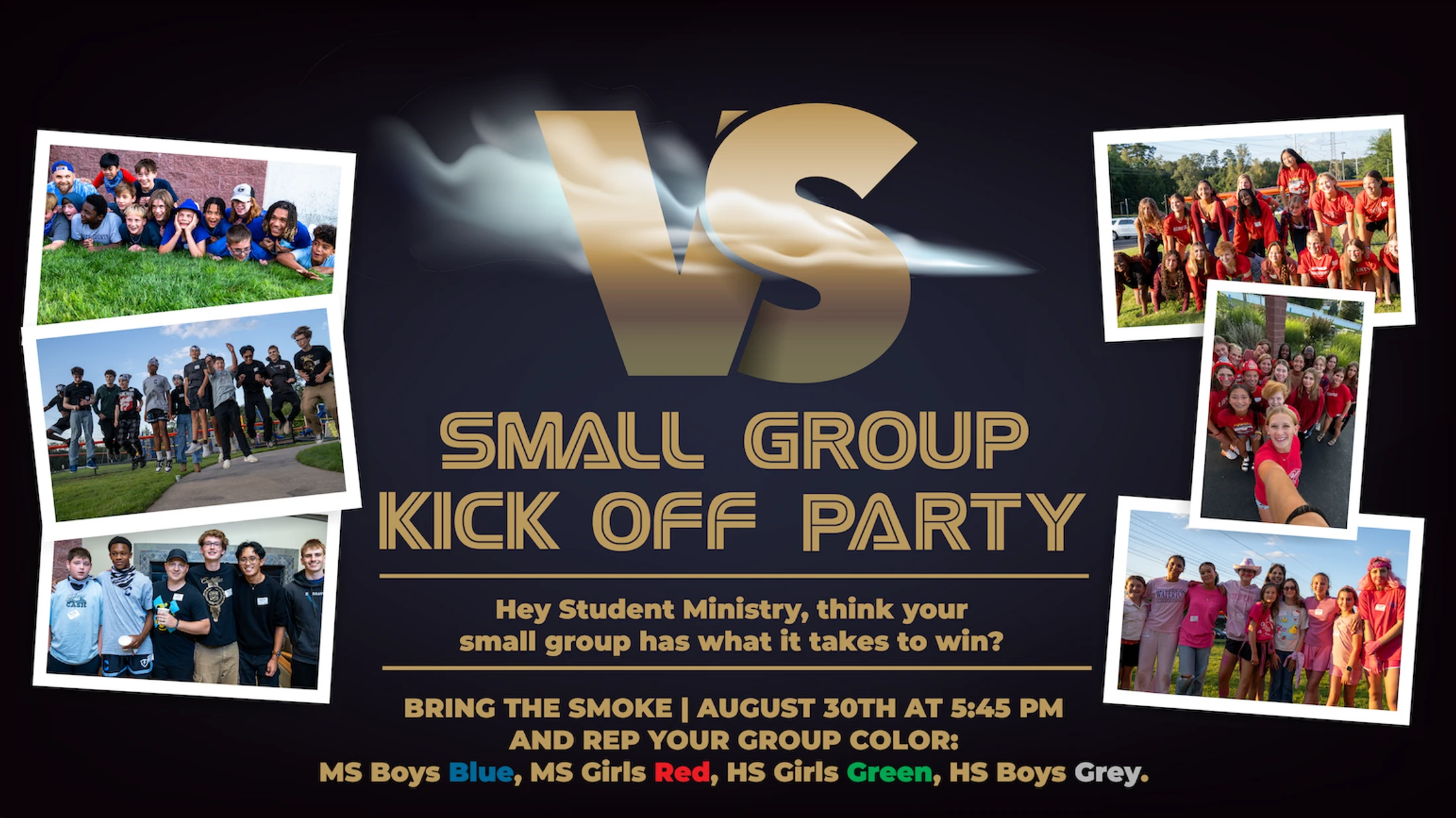 An event flyer for a Small Group Kick Off Party. The flyer features photos of students and details for the event on August 30th, including team colors.