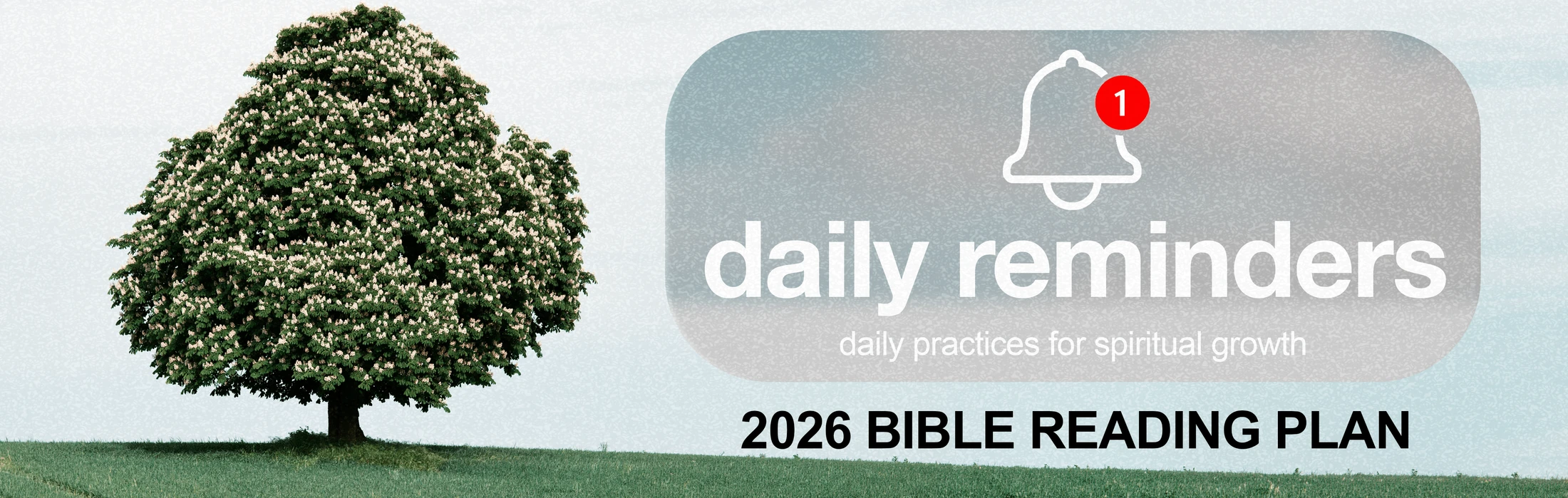 A banner for the 2026 Bible Reading Plan shows a flowering tree. A graphic says "Daily Reminders" with a notification icon.