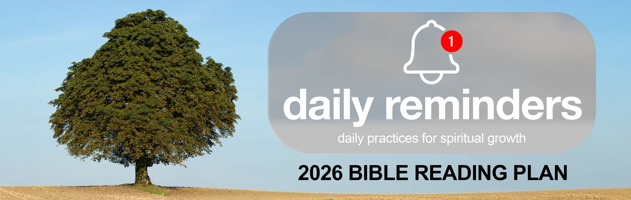 A large tree in a field next to a notification icon and text that reads: daily reminders, daily practices for spiritual growth, 2026 Bible Reading Plan.