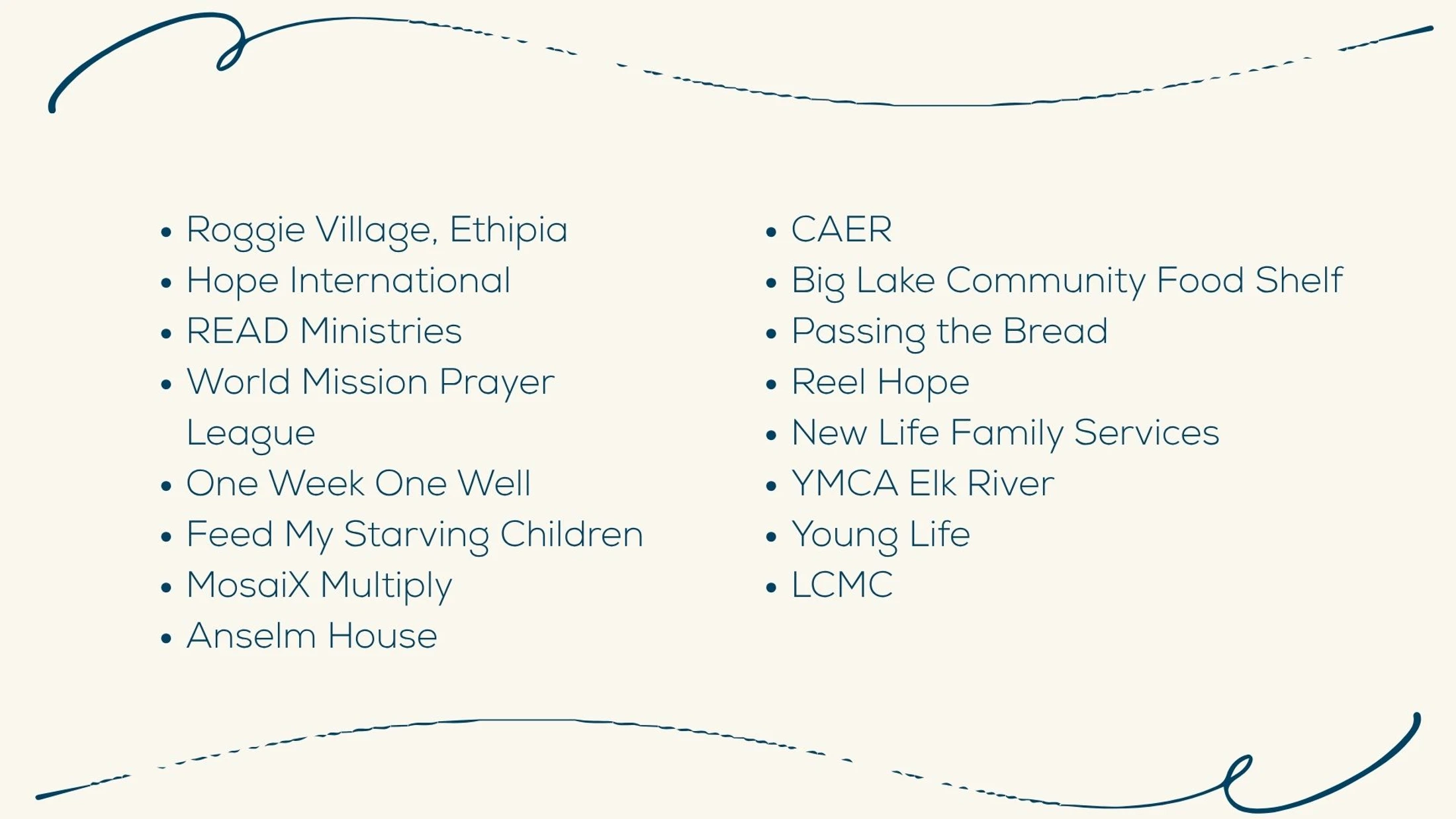 A graphic listing community and mission partners in two columns of blue text on a cream background, framed by decorative blue lines.