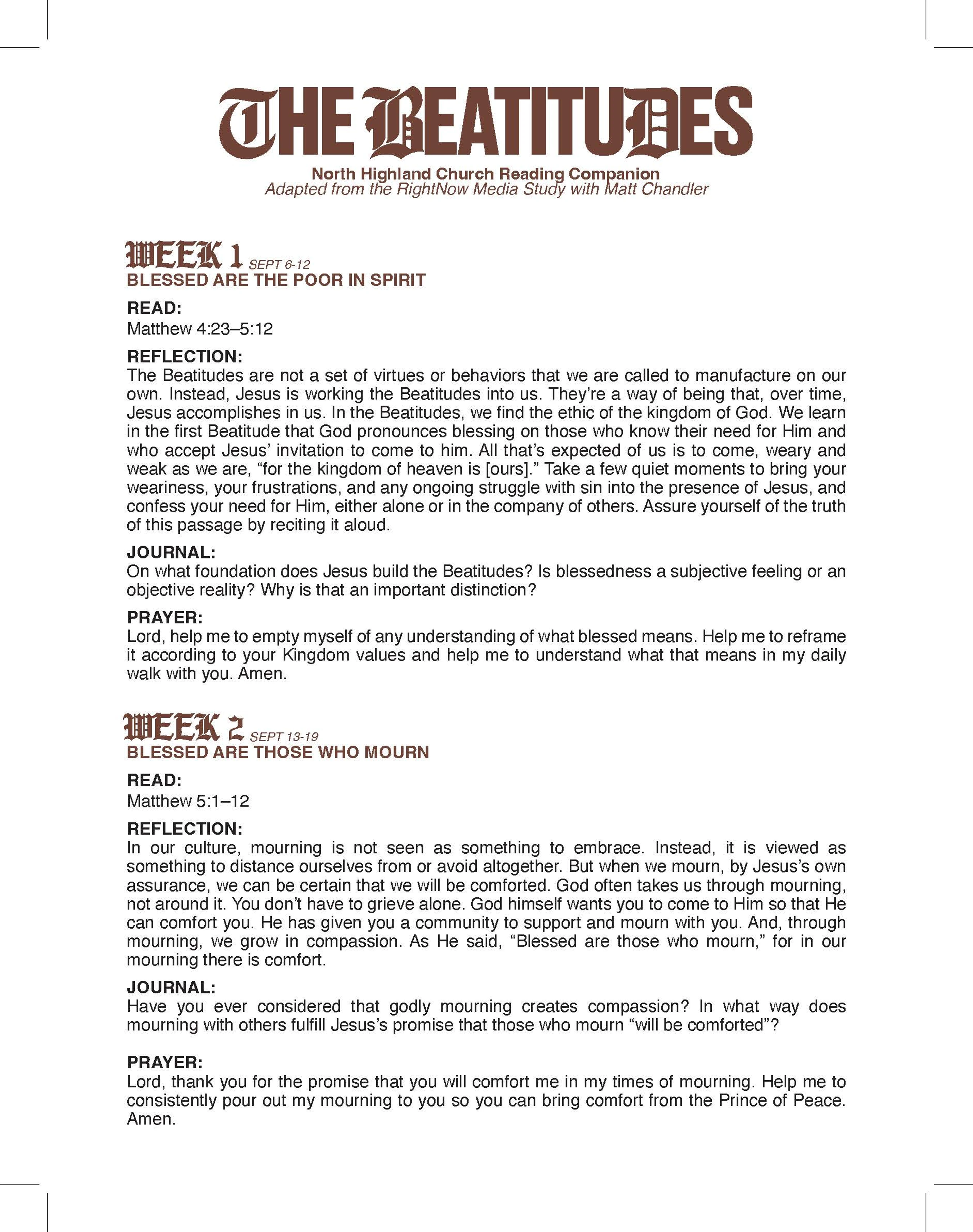 A page from a Bible study guide on 'The Beatitudes,' showing lessons for Week 1 and Week 2, including scripture readings, reflections, and prayers.