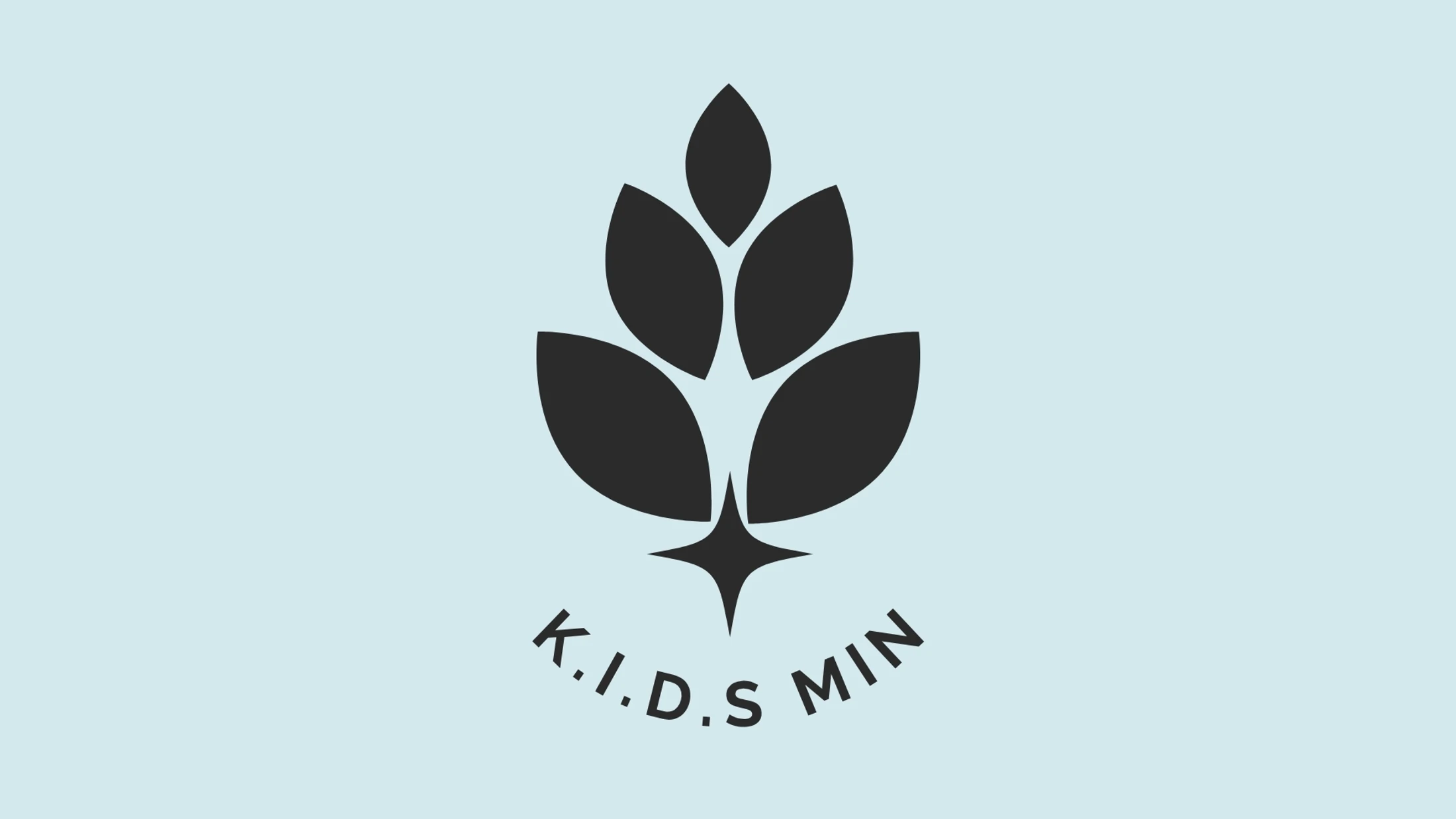A black logo for K.I.D.S MIN on a light blue background. The logo is a stylized plant with a four-pointed star at its base.