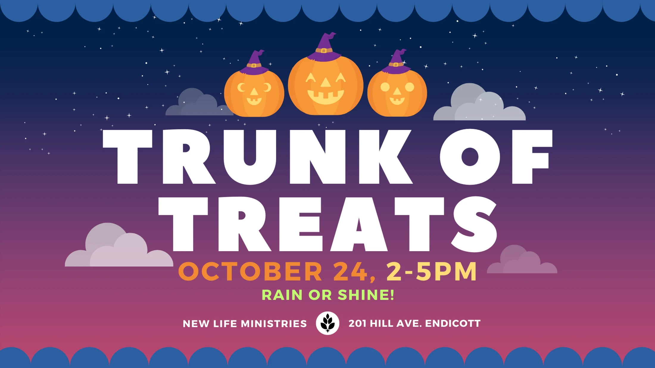 A colorful graphic for a 'Trunk of Treats' event with three jack-o'-lanterns wearing witch hats. The event is on October 24, from 2-5 pm, rain or shine.