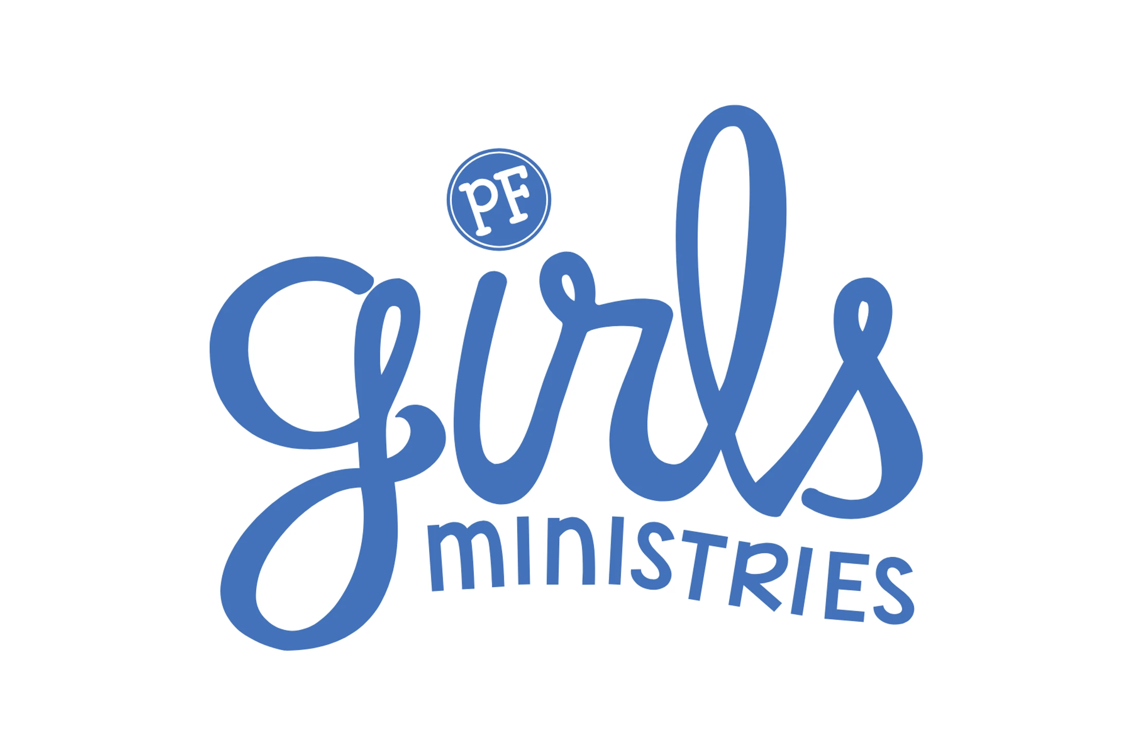 The official blue logo for Girls Ministries, with 'Girls' in script, 'ministries' below, and a small circular PF emblem at the top.