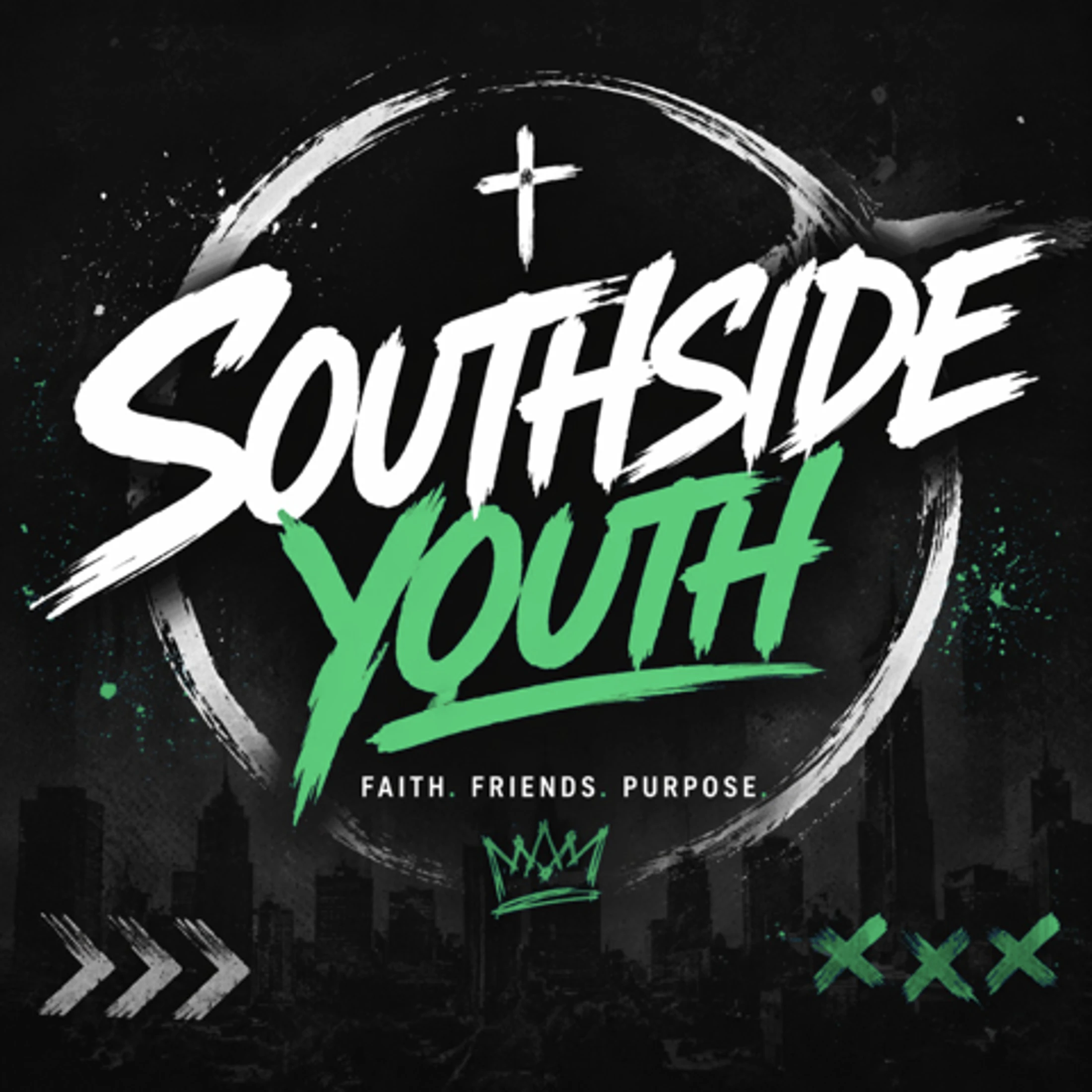 A graphic logo for Southside Youth, a Christian ministry. The text is in a white and green brush script over a black background with a city skyline.