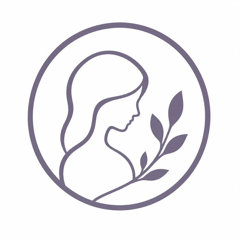 A circular, dusty purple line art logo on a white background, featuring the profile of a woman with long hair holding a leafy sprig.