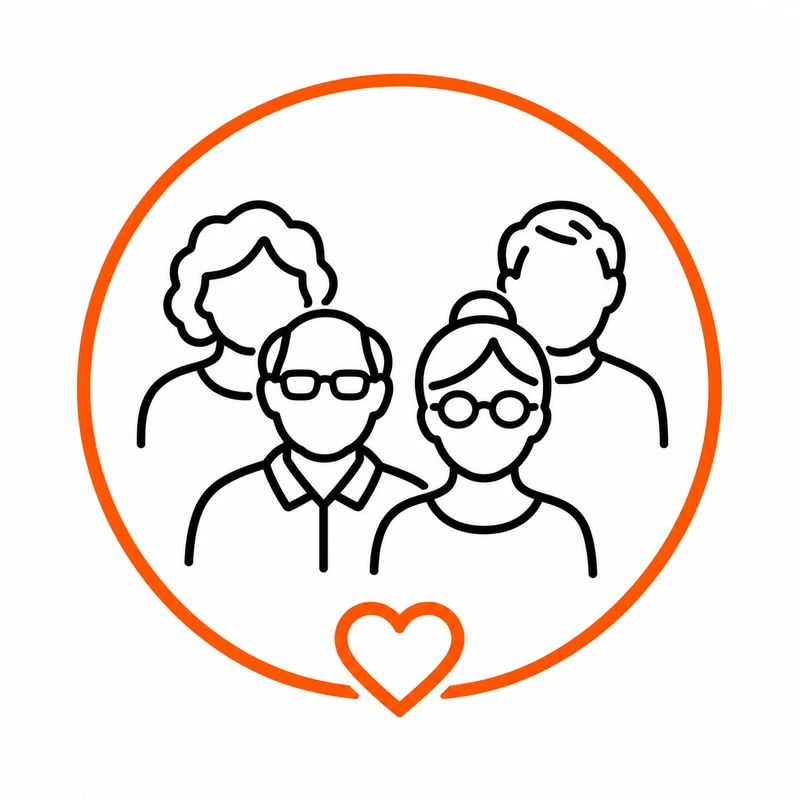 A line art icon showing four family members, including an elderly couple, inside an orange circle with a heart at the bottom, symbolizing love and care.