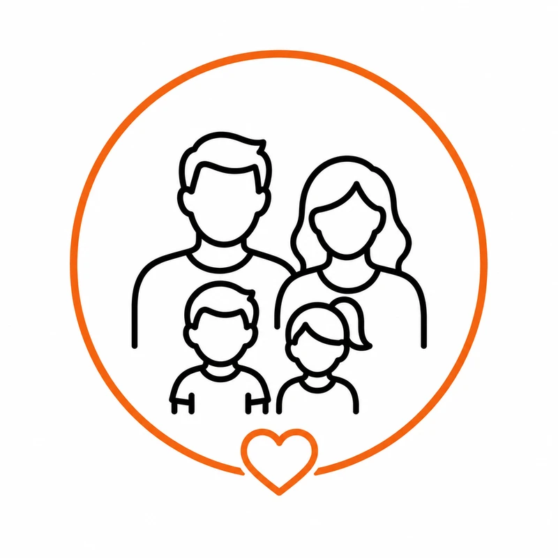 A line drawing of a family of four—a mother, father, son, and daughter—inside an orange circle with an orange heart at the bottom.