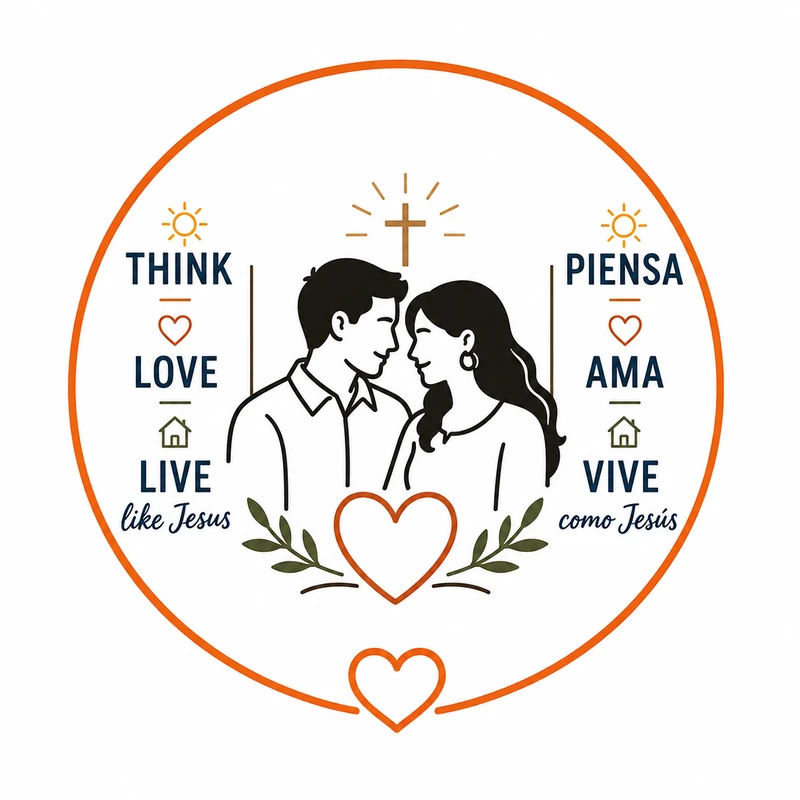 A circular logo of a couple under a cross with the words 'Think, Love, Live like Jesus' in English and Spanish, surrounded by hearts and other icons.