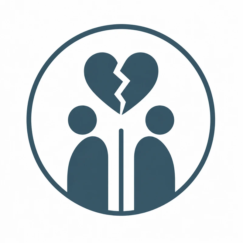 A minimalist blue icon showing two figures separated by a line, with a broken heart symbol above them, representing divorce or a breakup.