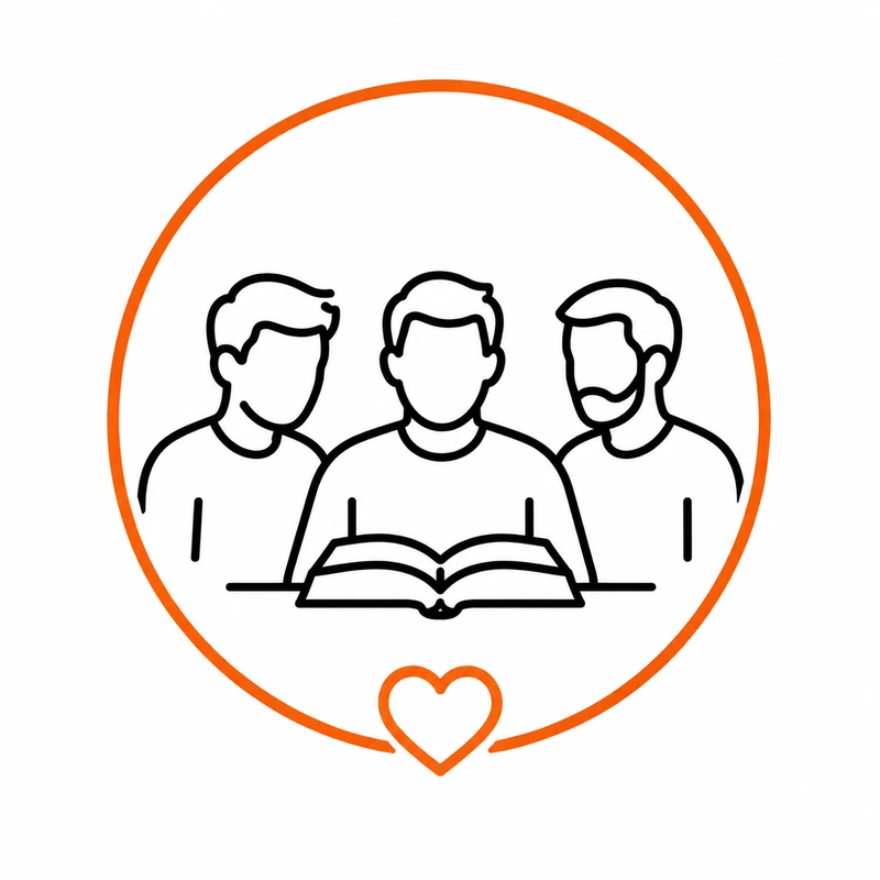 A line art icon showing three people reading a book together. The group is inside an orange circle with a small heart icon at the bottom.