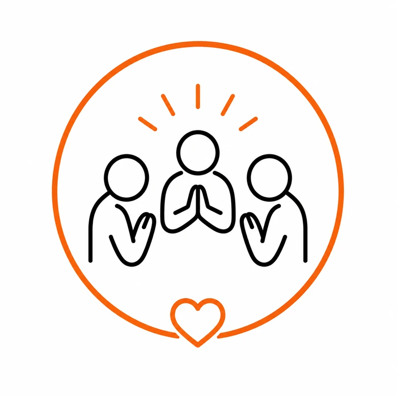 A simple line icon of three figures with hands in a prayer or gratitude pose, inside an orange circle with a heart at the bottom.