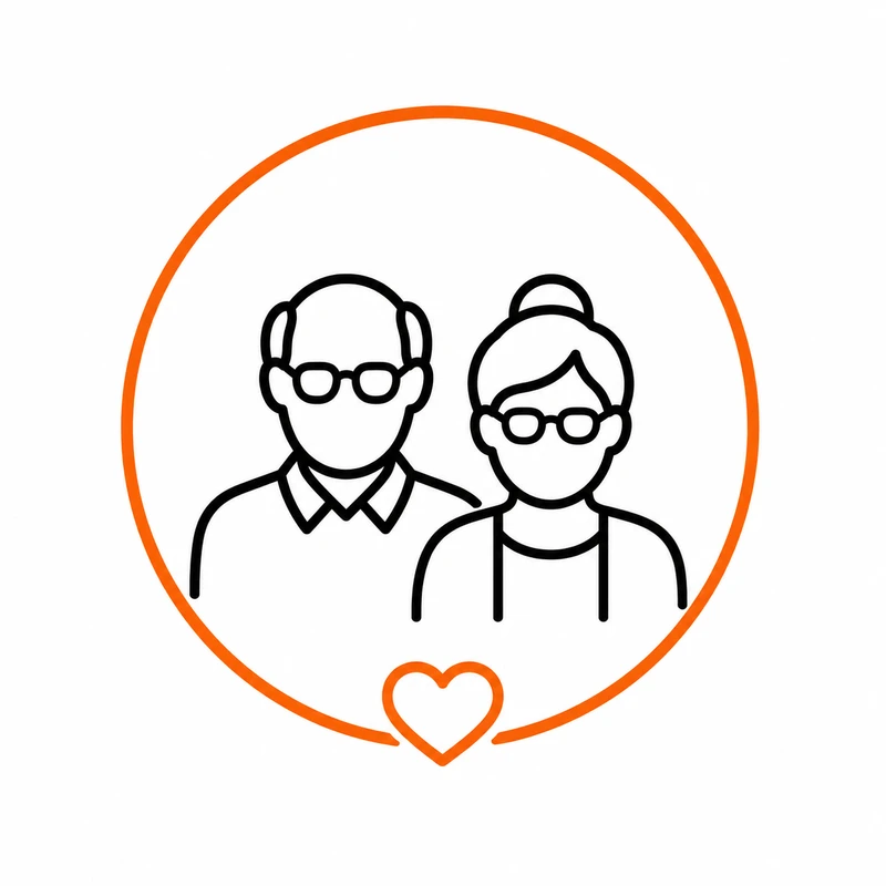 A line art icon of an elderly man and woman with glasses inside an orange circle with a small heart at the bottom, symbolizing love and companionship.