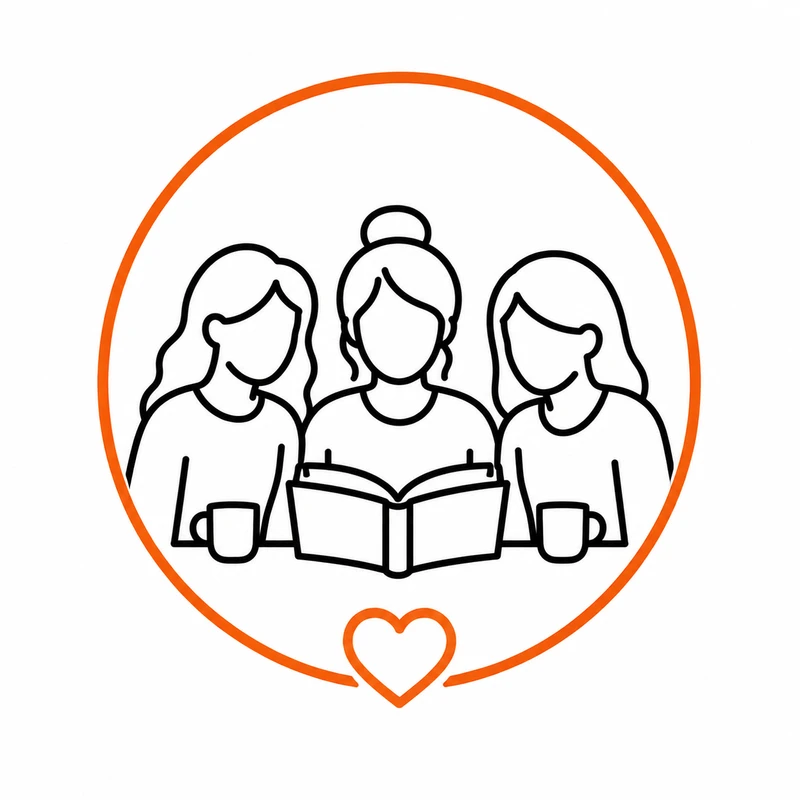 A line art icon of three women sitting together and reading a book. The scene is enclosed in an orange circle with a small heart at the bottom.