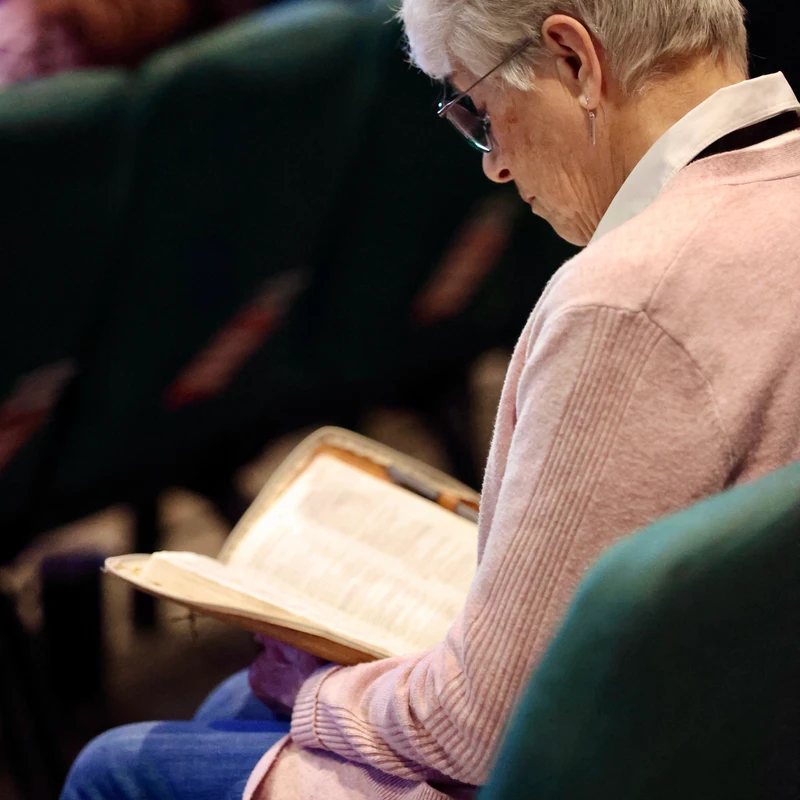 A side-profile view of an older woman with short white hair and glasses, wearing a pink sweater, as she sits and reads a book in her lap.