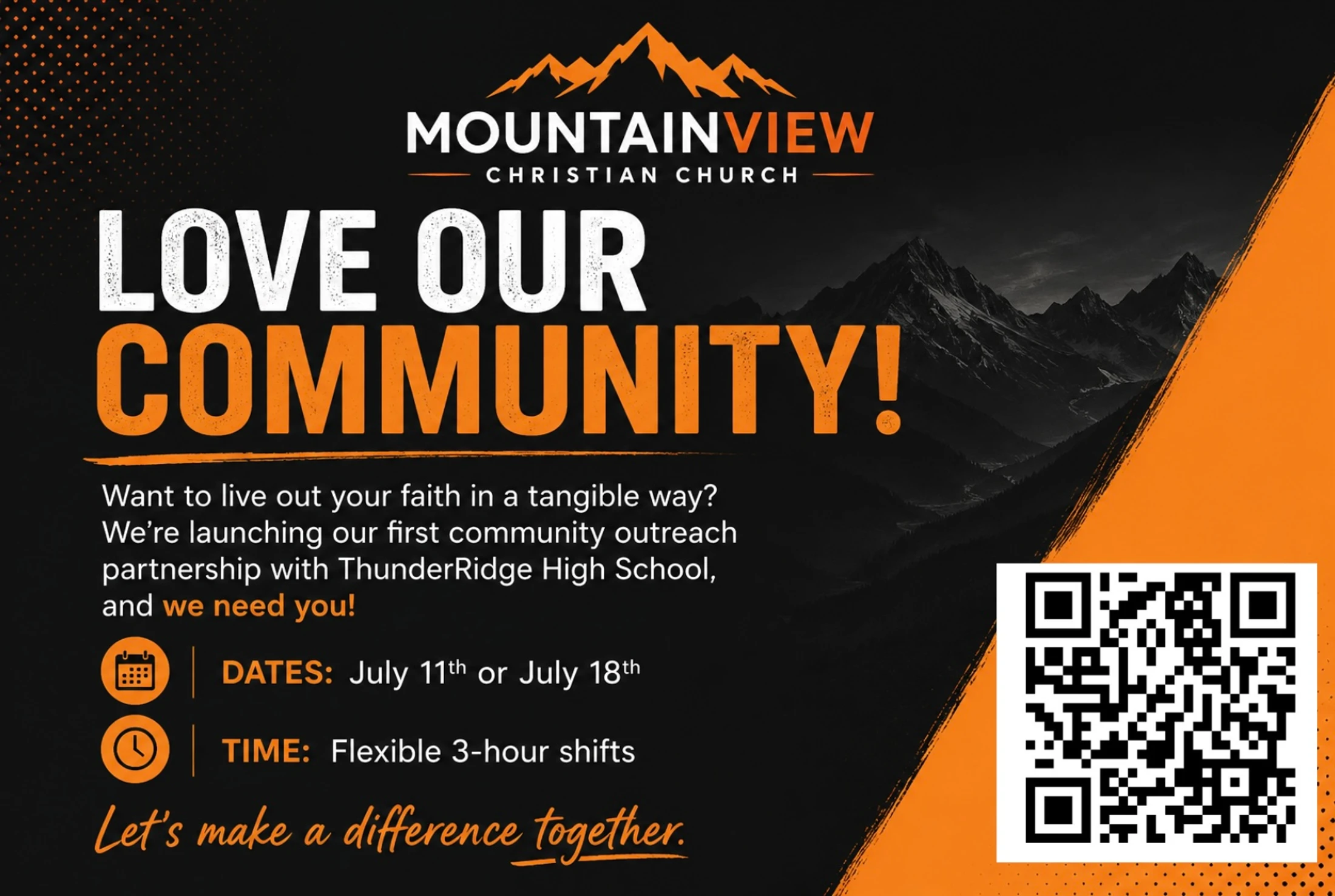 Flyer for MountainView Christian Church's 'Love Our Community!' event, with date and time details for volunteers and a QR code for more information.