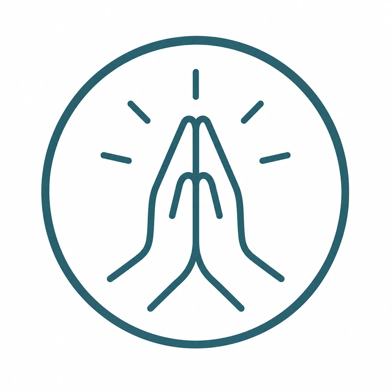 A simple teal line drawing of two hands pressed together in prayer or greeting, enclosed in a circle with radiating lines.