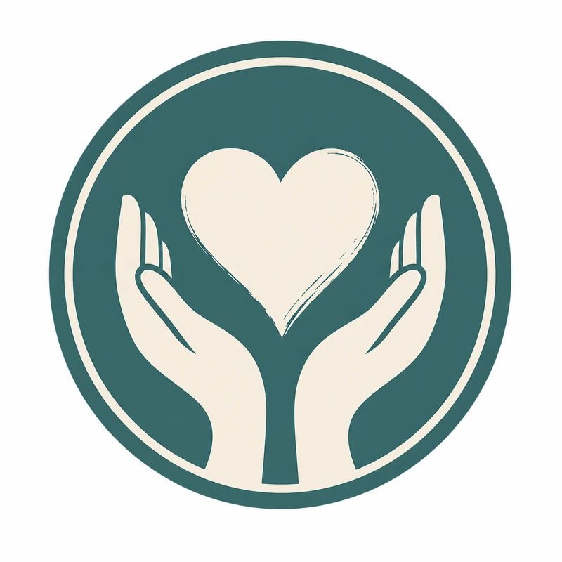 A circular teal icon with two cream-colored hands cupped underneath a cream-colored heart with a brushstroke texture, symbolizing charity and support.