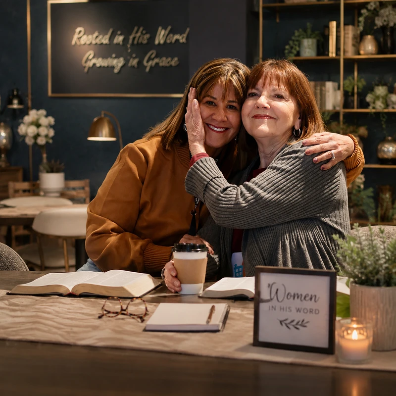 Two women embrace warmly while sitting at a table with open Bibles, a notebook, and a coffee cup. A sign in the background reads 'Rooted in His Word'.