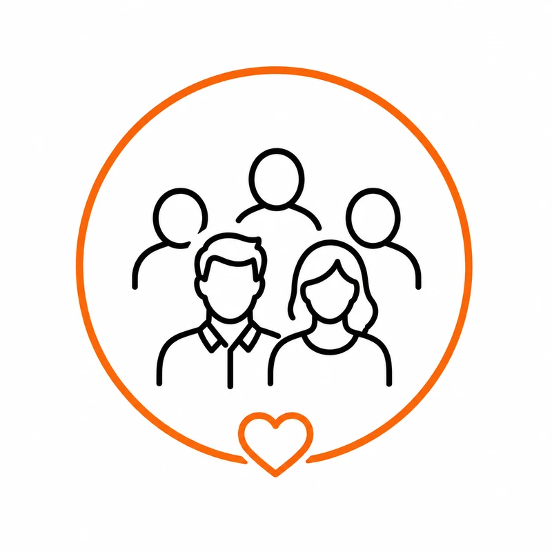 A line art icon of a group of people inside an orange circle with a heart at the bottom, symbolizing family, love, and community support.