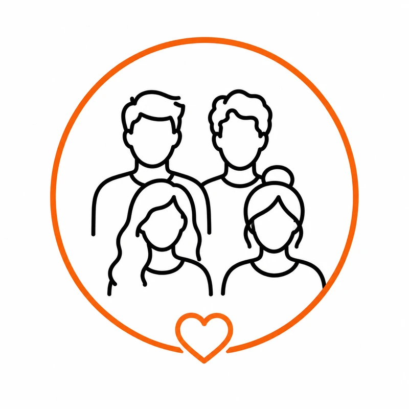A simple line drawing of four faceless people, representing a family, enclosed in an orange circle with a small heart at the bottom.