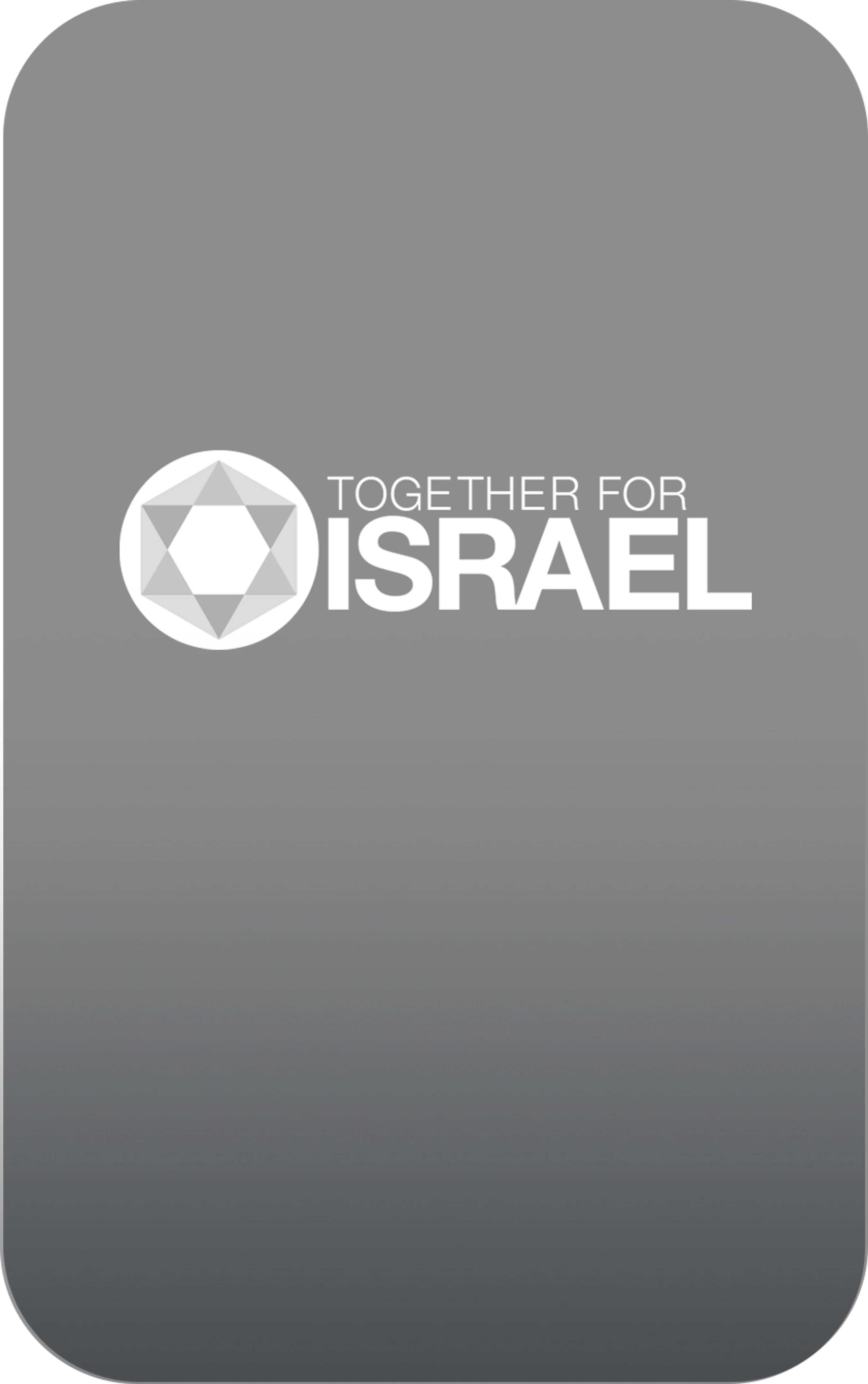 The white logo for 'Together for Israel' on a gray, vertical rectangular background. The logo has a geometric six-pointed star next to the text.