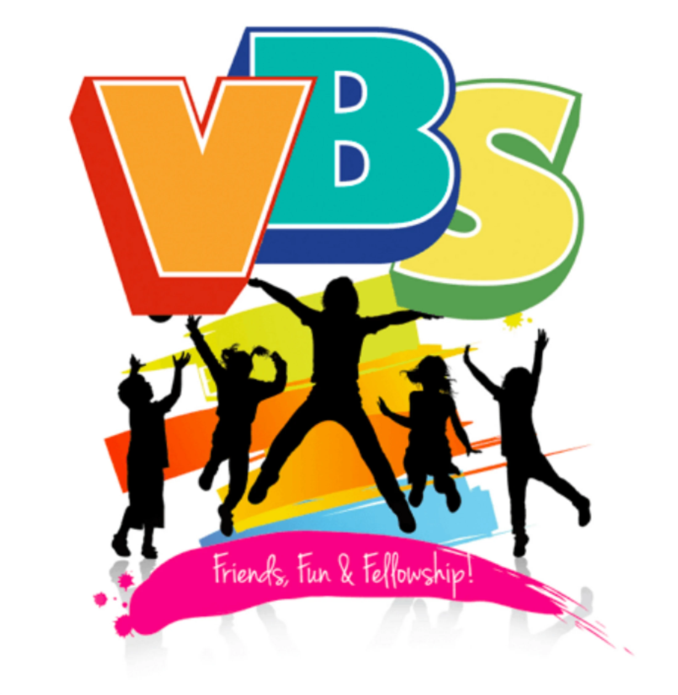 A colorful logo for VBS (Vacation Bible School) with silhouettes of children jumping and playing. Below them, a pink banner reads 'Friends, Fun & Fellowship!'.