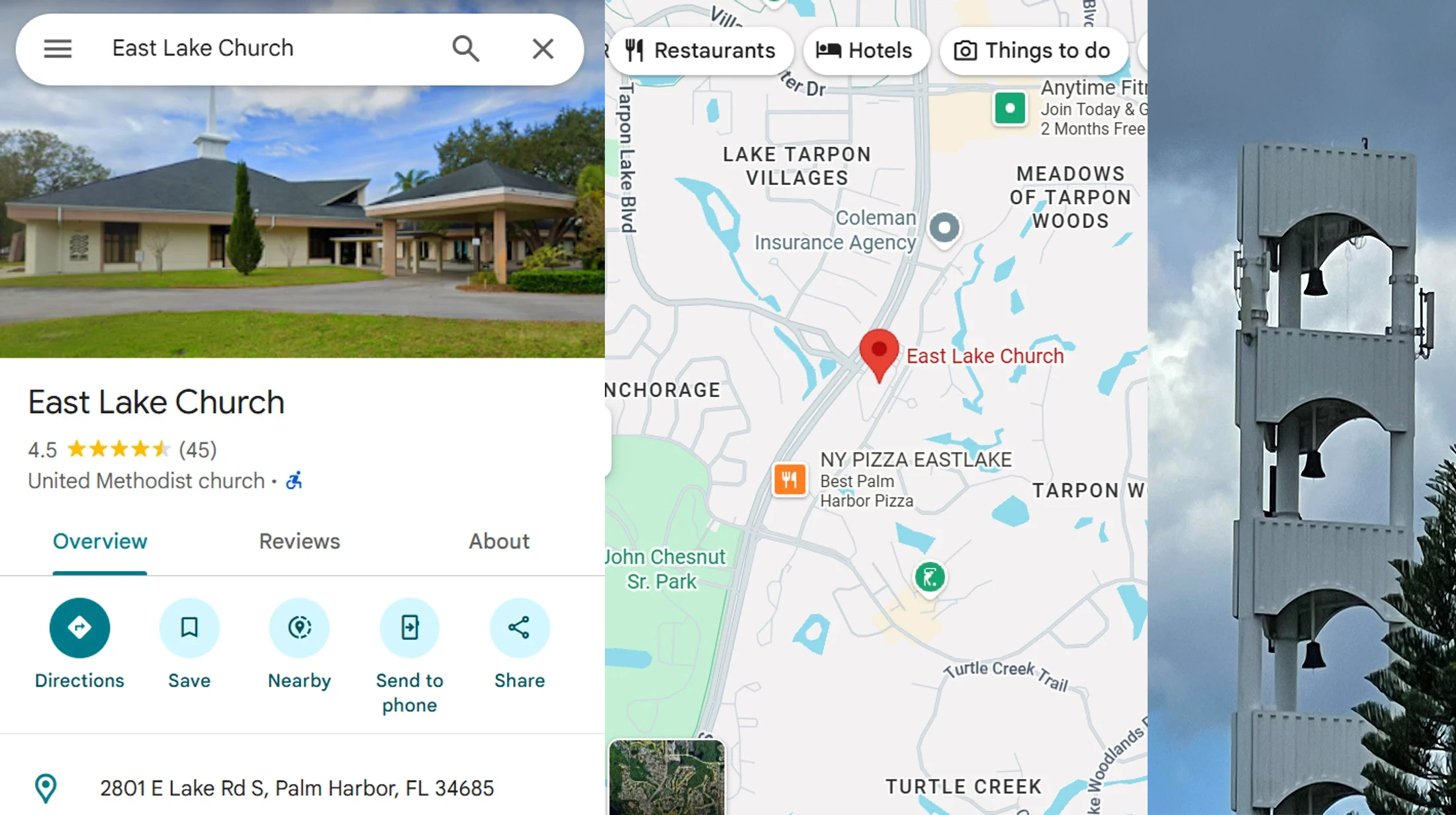 A collage of screenshots from Google Maps showing the location, exterior, and bell tower of East Lake Church in Palm Harbor, Florida.