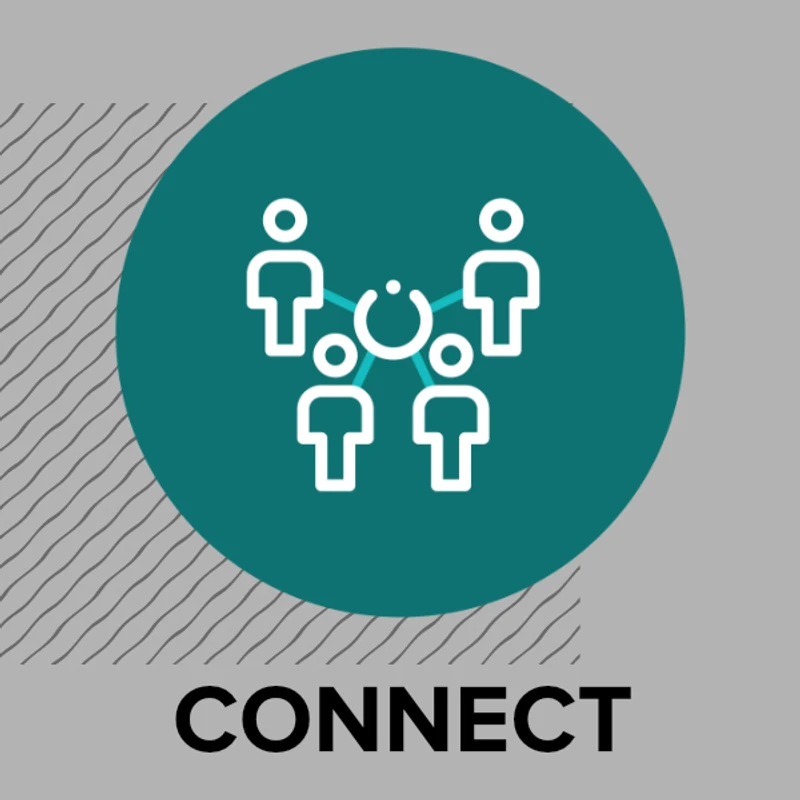 A graphic icon showing four figures connected in a network inside a teal circle. The word CONNECT is written below on a grey background.
